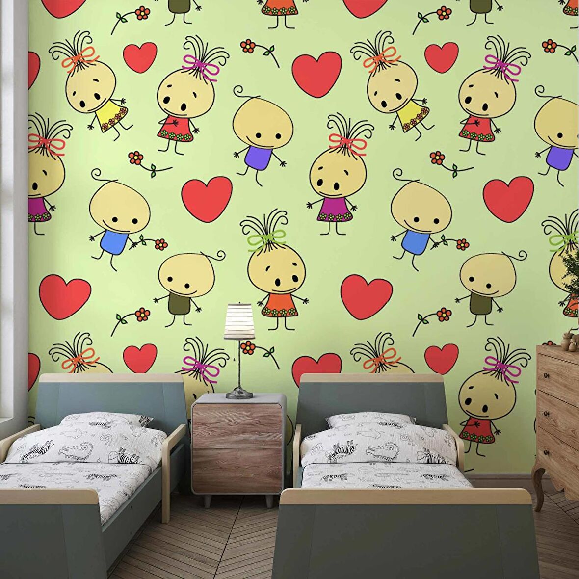 Minik Çocuk Desenli Çocuk Odası Duvar Kağıdı Baskı