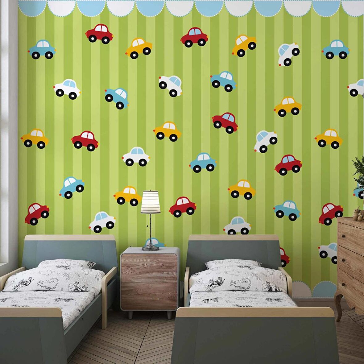 Renkli Arabalar Çocuk Odası Duvar Kağıdı Baskı