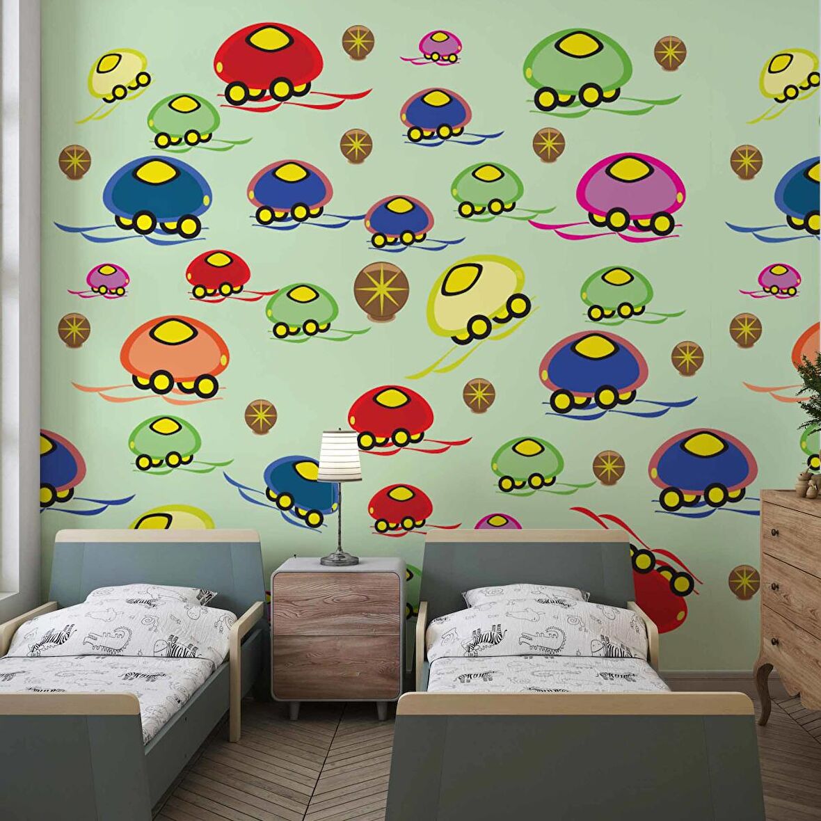 Mantar Arabalar Çocuk Odası Duvar Kağıdı Baskı