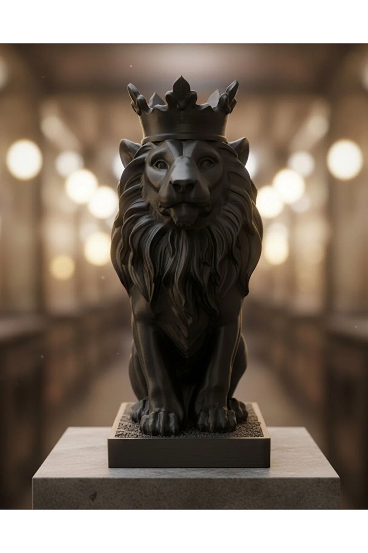 \text{Monark Taçlı Aslan Biblo (18 cm) - Beyaz/Siyah 3D Yazıcı Baskı Dekorasyon Ürünü}