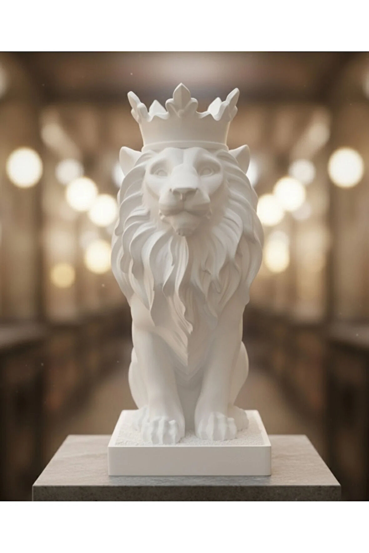 \text{Monark Taçlı Aslan Biblo (18 cm) - Beyaz/Siyah 3D Yazıcı Baskı Dekorasyon Ürünü}