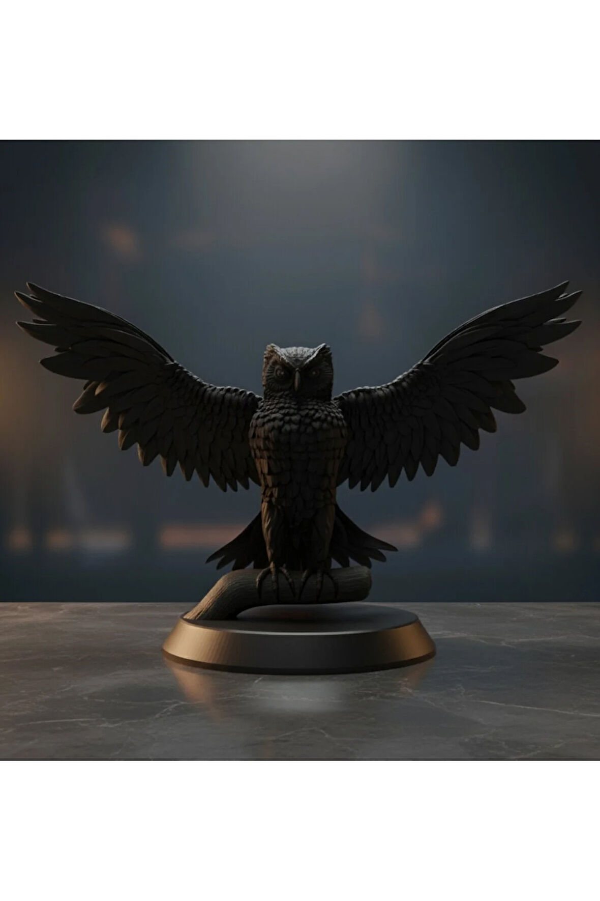Açık Kanatlı Baykuş Heykeli Siyah | Sanatsal 3D Baskı | Eşsiz Ev Dekorasyonu (24x16cm) | PLA Malzeme