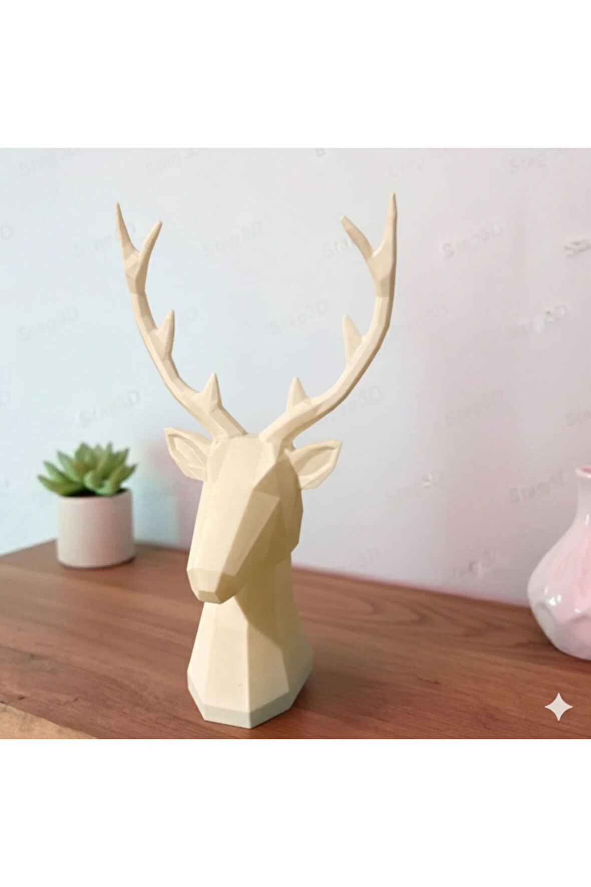 Geometrik Geyik Başı Dekoratif Heykel - 3D Baskı (Siyah & Beyaz) 25 Cm