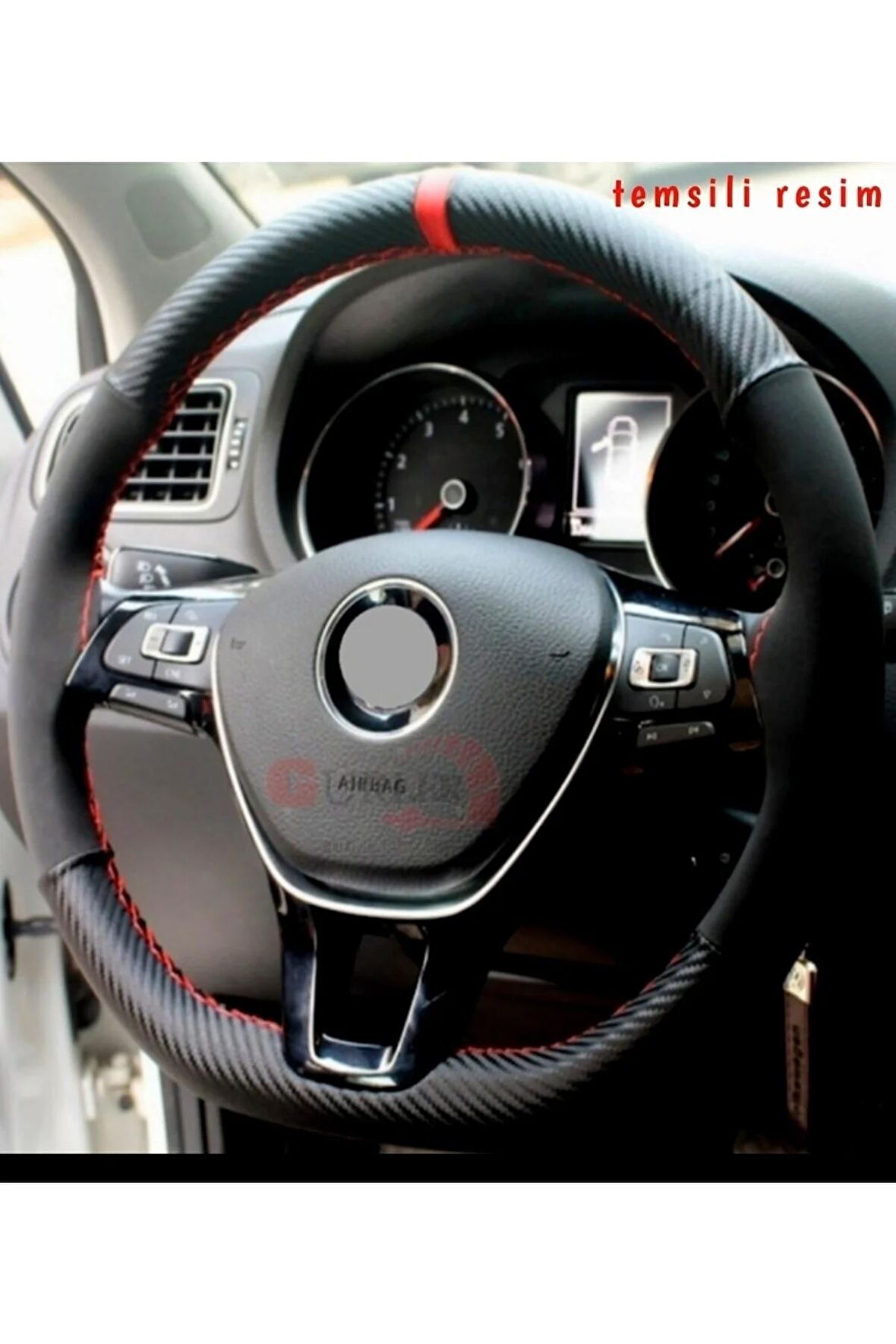 Fiat Doblo 2010> Uyumlu Direksiyon Kılıfı Dikmeli Alkantara-karbon Kırmızı Yüzüklü