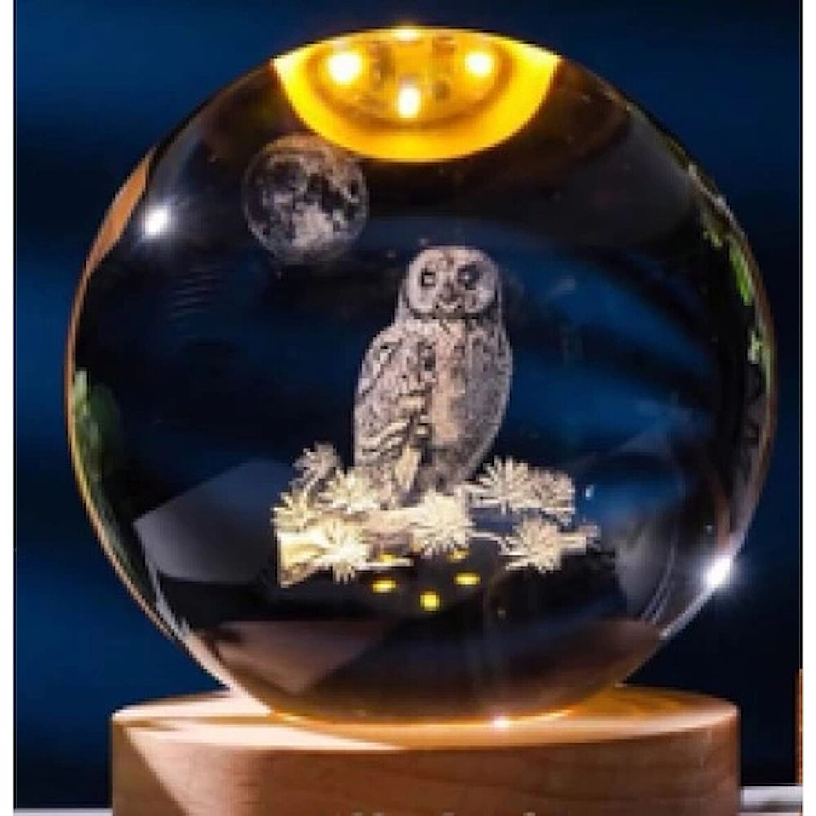 Dekoratif BAYKUŞ Tasarımlı Ahşap altlıklı Işıklı Cam Küre Büyük boy 8cm