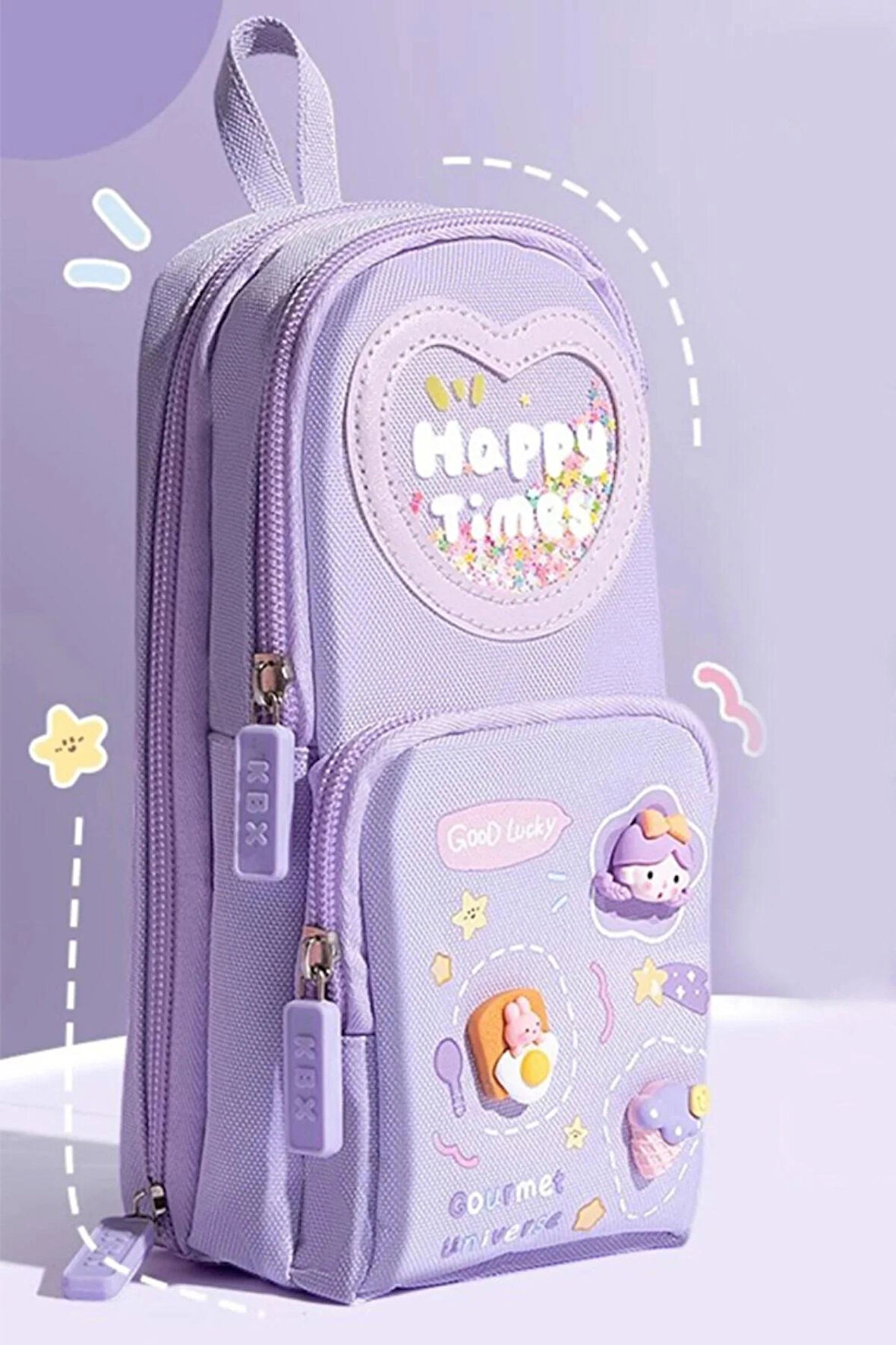 Mor Kalem Çantası, 3 bölmeli, 6 hücreli, şık ve kullanışlı okul çantası