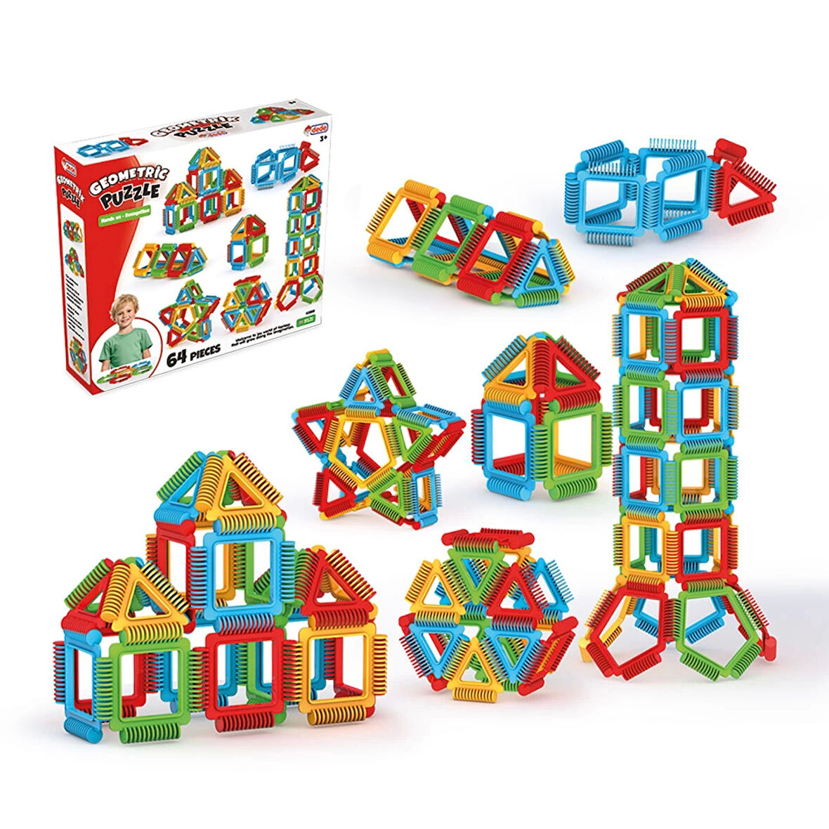 Geometrik Puzzle (64 Parça) - Lego Setleri - Geometrik Oyuncak - Şekilli Lego - Kare Bloklar