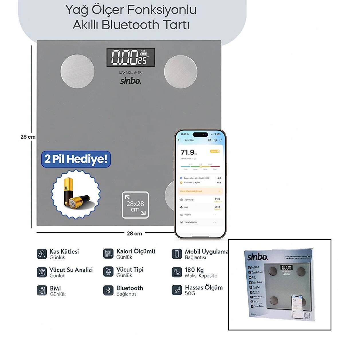 GRİ YAĞ ÖLÇER AKILLI BLUETOOTH CAM BASKÜL PİLLİ 180KG/50GR 28X28CM 8-KİŞİ HAFIZA LCD EKRAN ℃ GÖSTERGE SBS-4469 (5365)