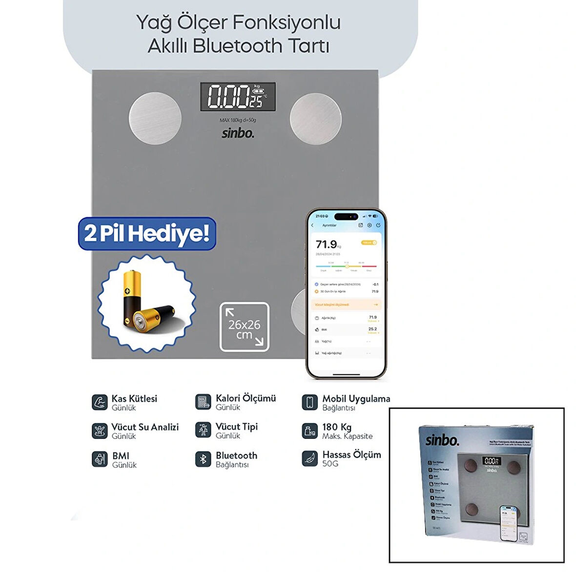 GRİ YAĞ ÖLÇER AKILLI BLUETOOTH CAM BASKÜL PİLLİ 180KG/50GR 26X26CM 8-KİŞİ HAFIZA LCD EKRAN ℃ GÖSTERGE SBS-4473 (5365)