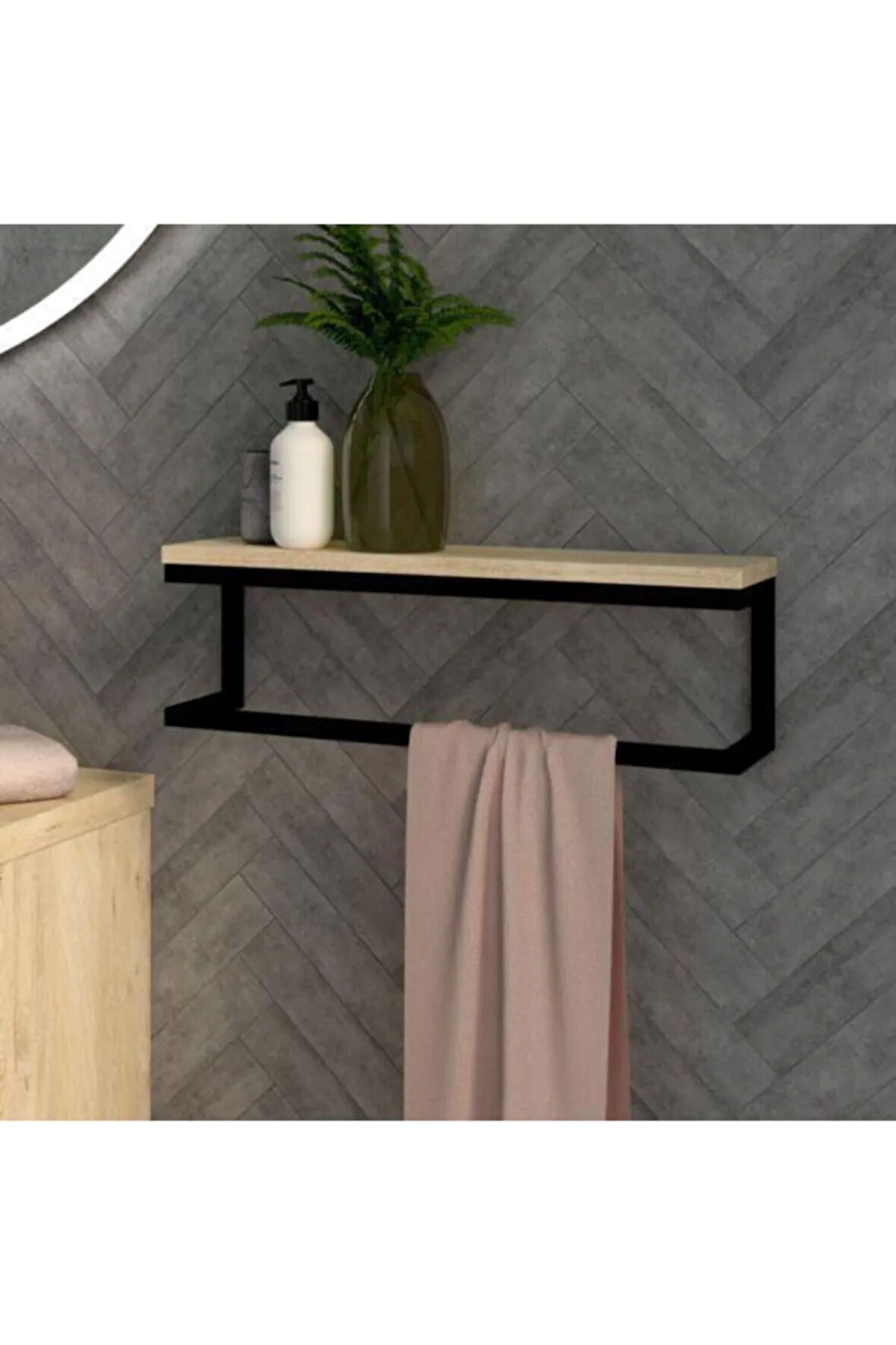 FULYA Raflı Duvar Monte Havluluk Şal Askılık Siyah Metal Meşe Raf