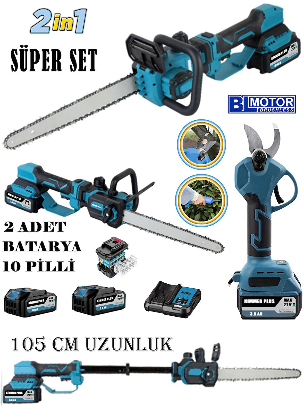 Eisenn 2 Li Set Kimmer Seri 33 Cm Palalı Yağ Pompalı Testere 105 CM Teleskopik Uzatmalı + Akülü Budama Makası