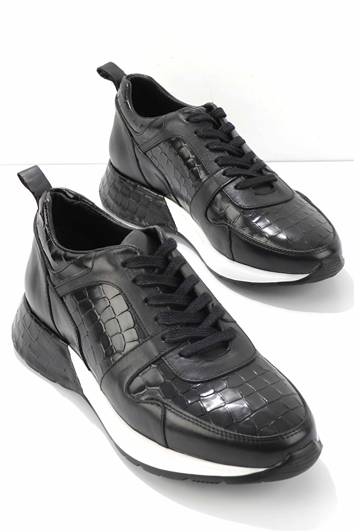 Siyah Siyah Kroko Hakiki Deri Erkek Sneaker E01310101203
