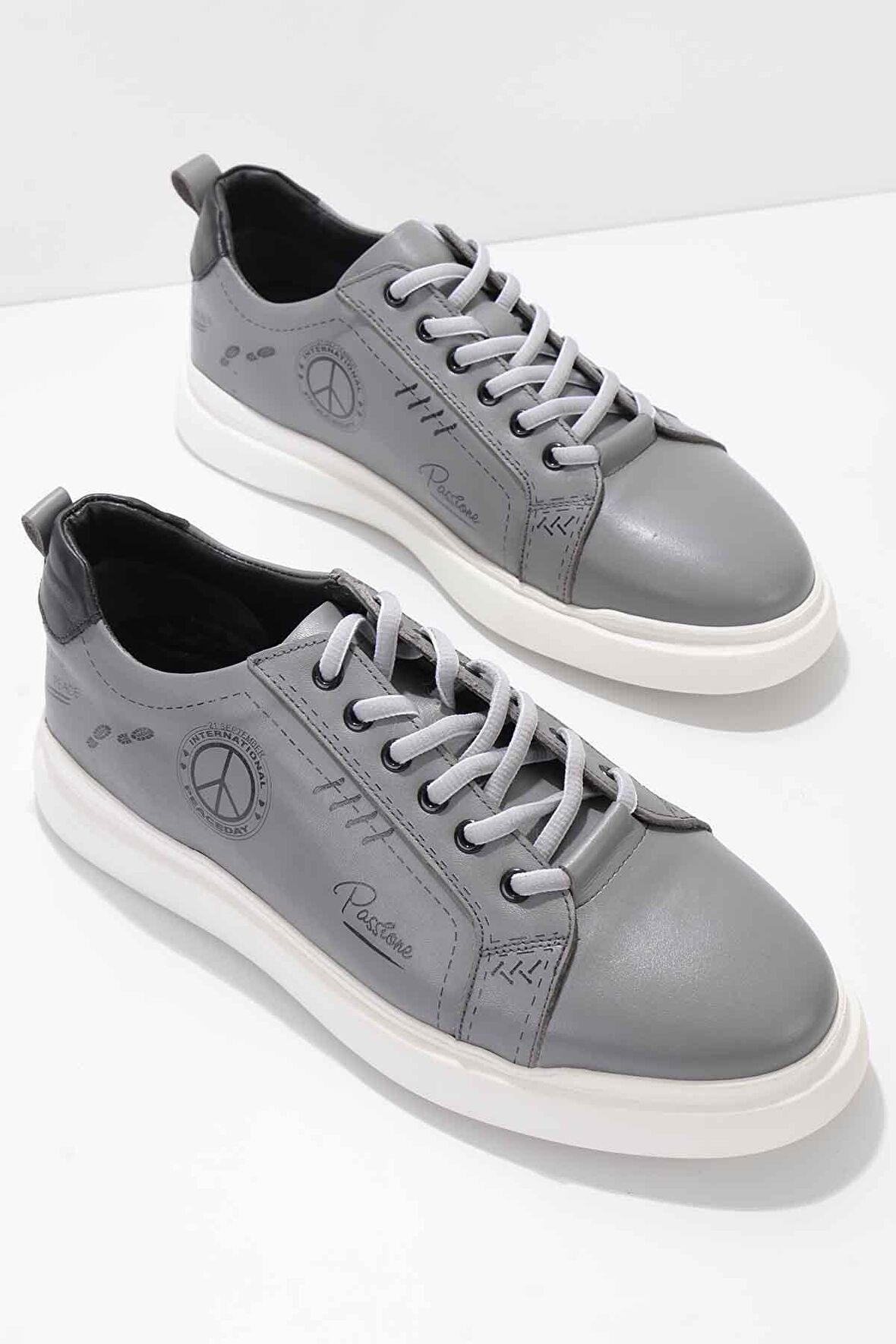 Gri Hakiki Deri Erkek Sneaker E01863480203