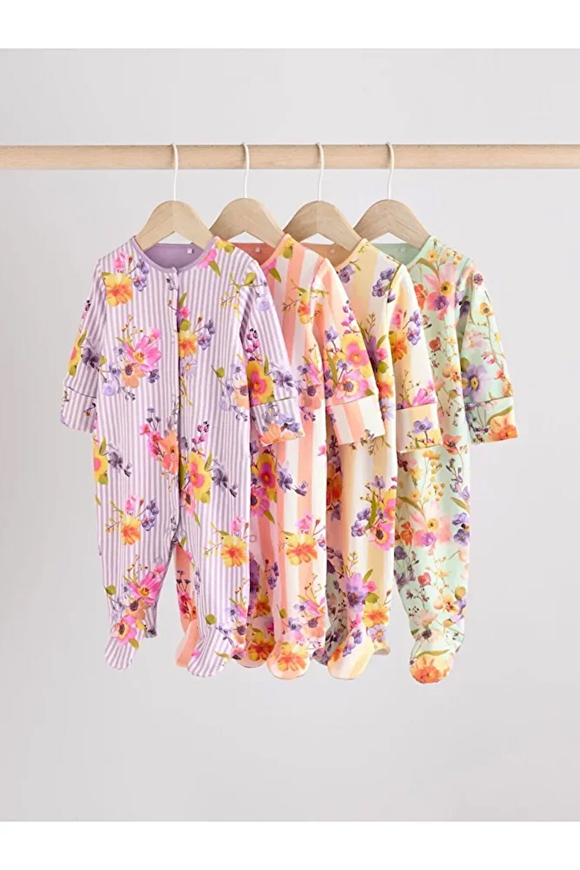 %100 Pamuklu Pembe Çiçek Desenli 4'lü Tulum Set