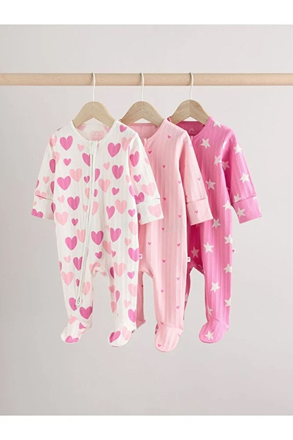 N  %100 Pamuklu Pembe Kalp Desenli 3'lü Tulum Set