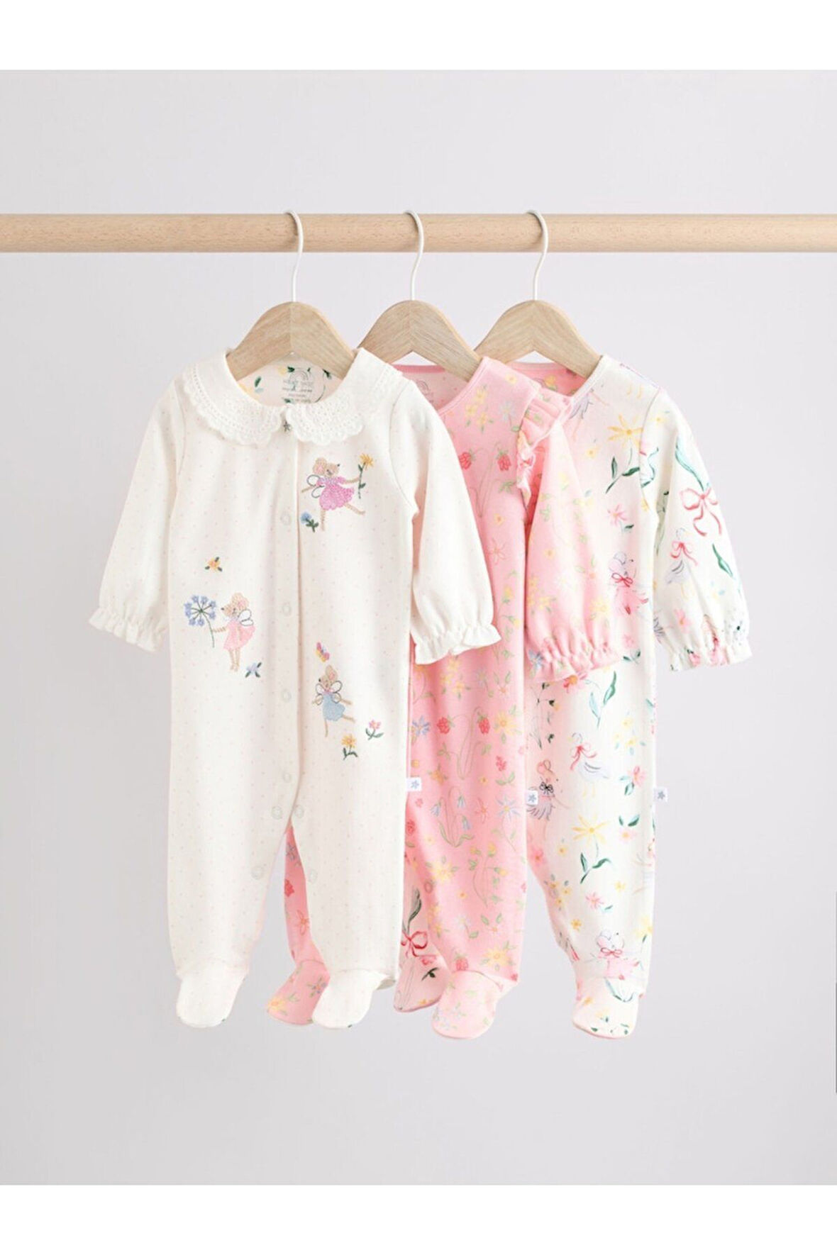 Next Baby %100 Pamuklu Pembe Fare Desenli Bebe Yaka 3'lü Tulum Set