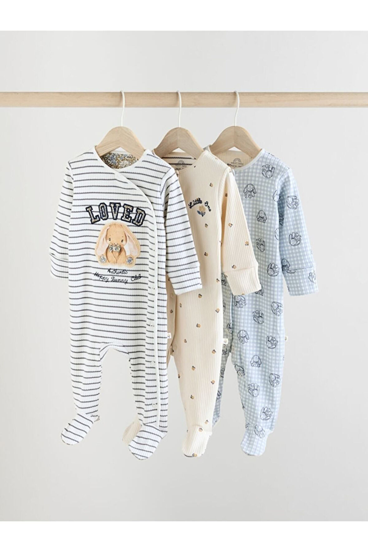 Next Baby %100 Pamuklu Krem Tavşan Desenli 3'lü Tulum Set