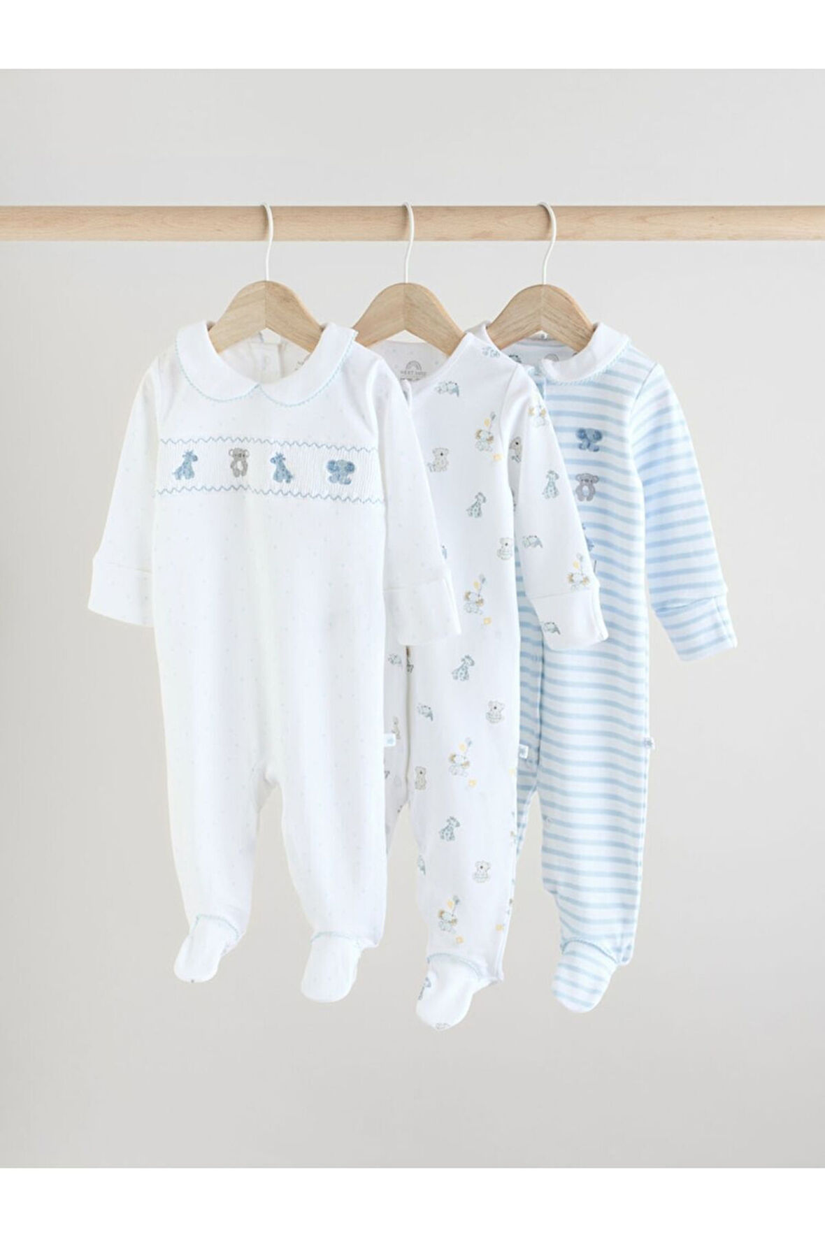 Next Baby % 100 Pamuklu Krem Mavi  Tavşan Desenli Nakışlı 3'lü Tulum Set