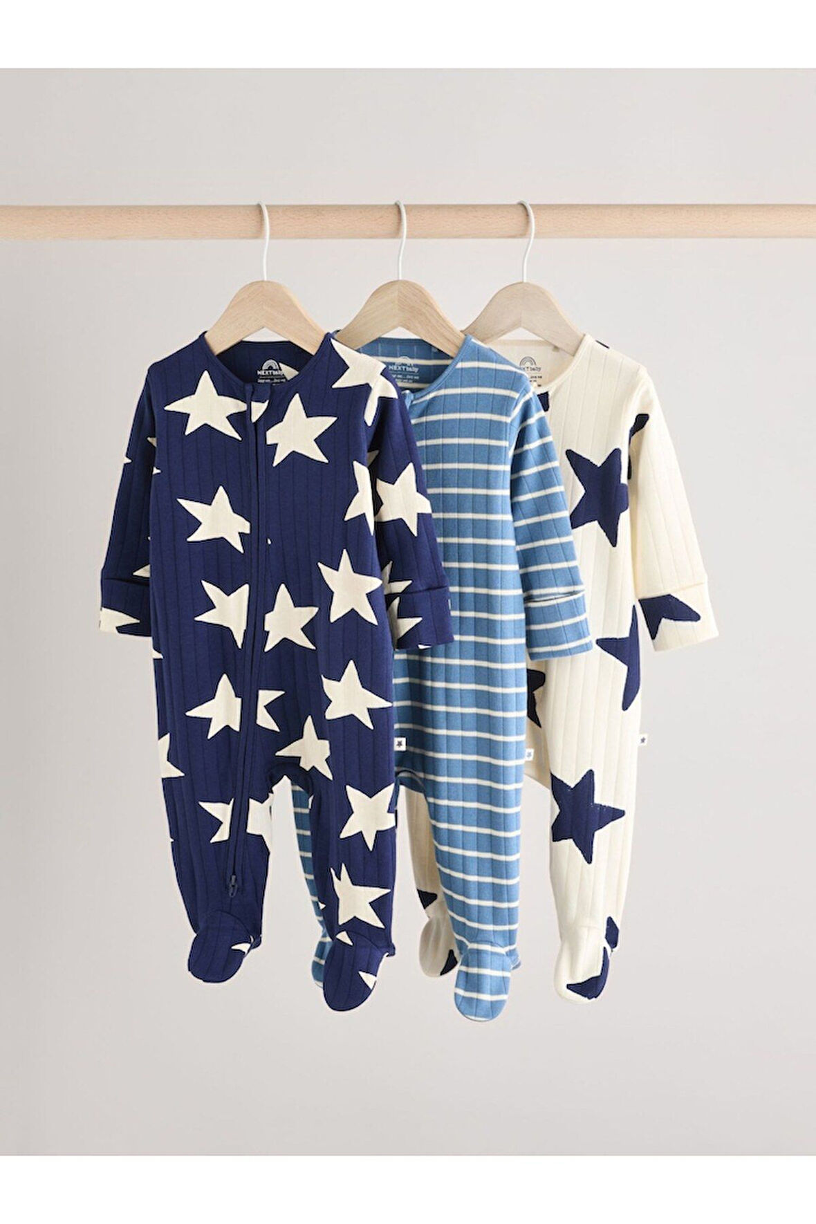Next Baby %100 Pamuklu Parlak Lacivert Yıldız Desenli 3'lü Tulum Set