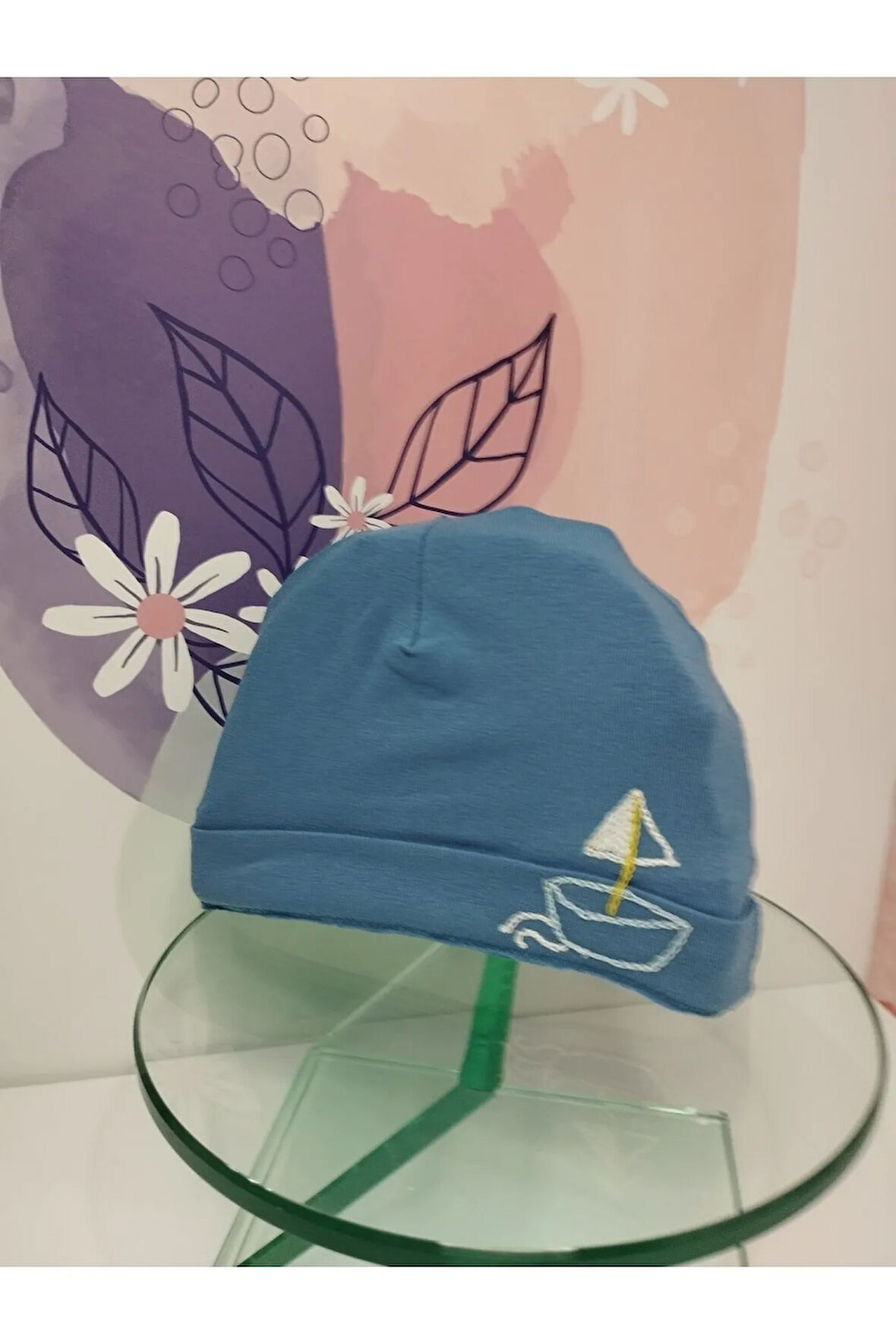 Tekne Desenli Bebek Bere - Mavi - Organik & El Yapımı