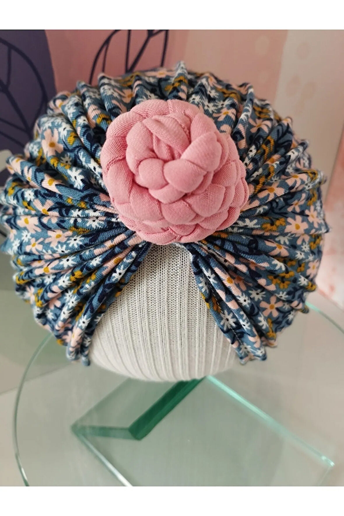 Örgü Gül Bone Bere - Mavi - Organik & El Yapımı