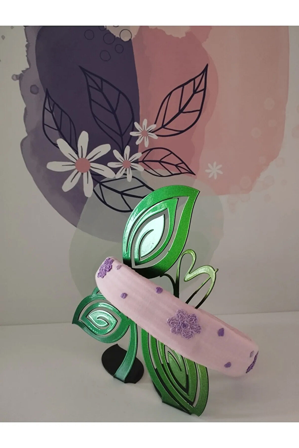 Çiçek Motifli Taç - Pembe - Organik & El Yapımı