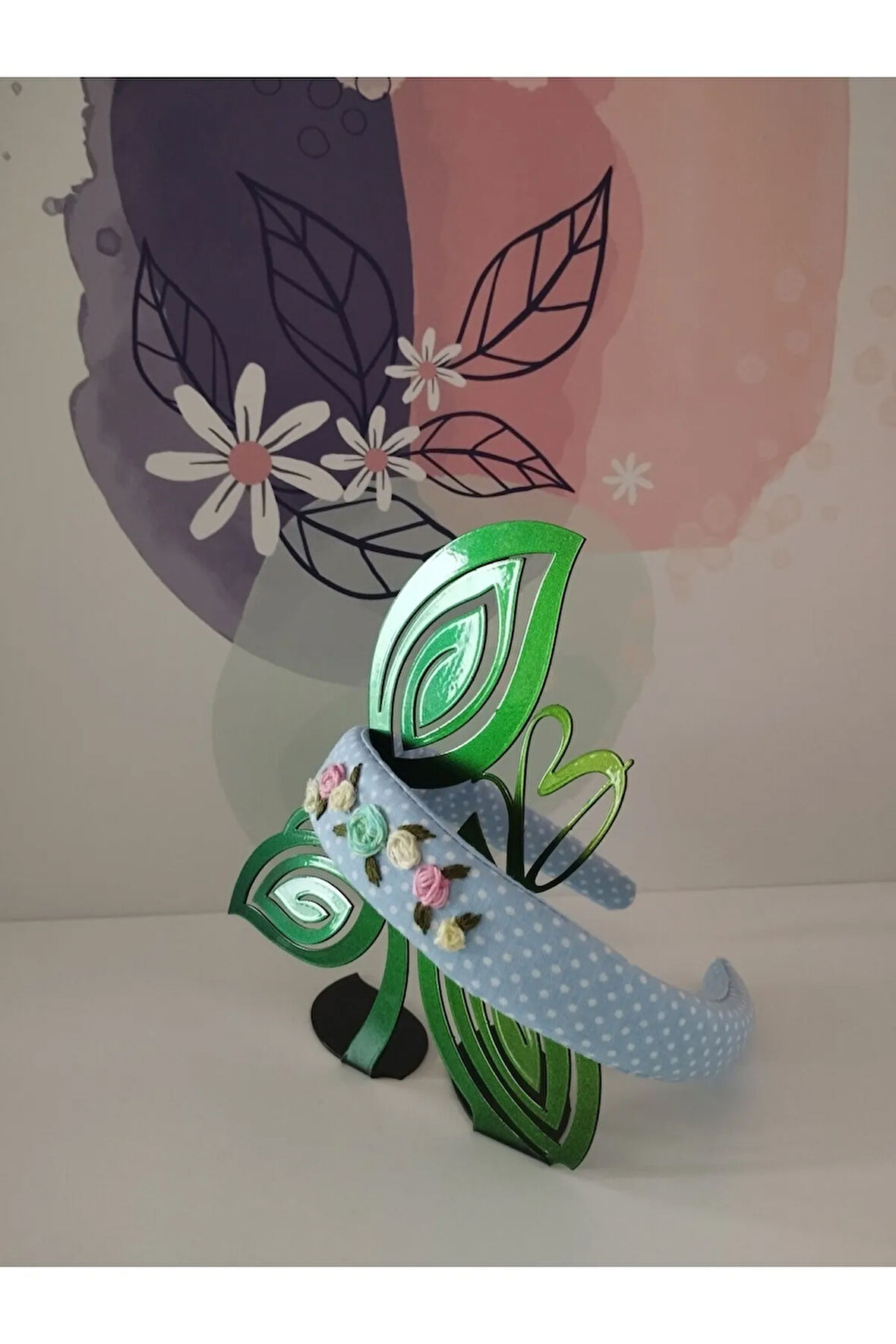 Çiçek Motifli Taç - Bebe Mavisi - Organik & El Yapımı