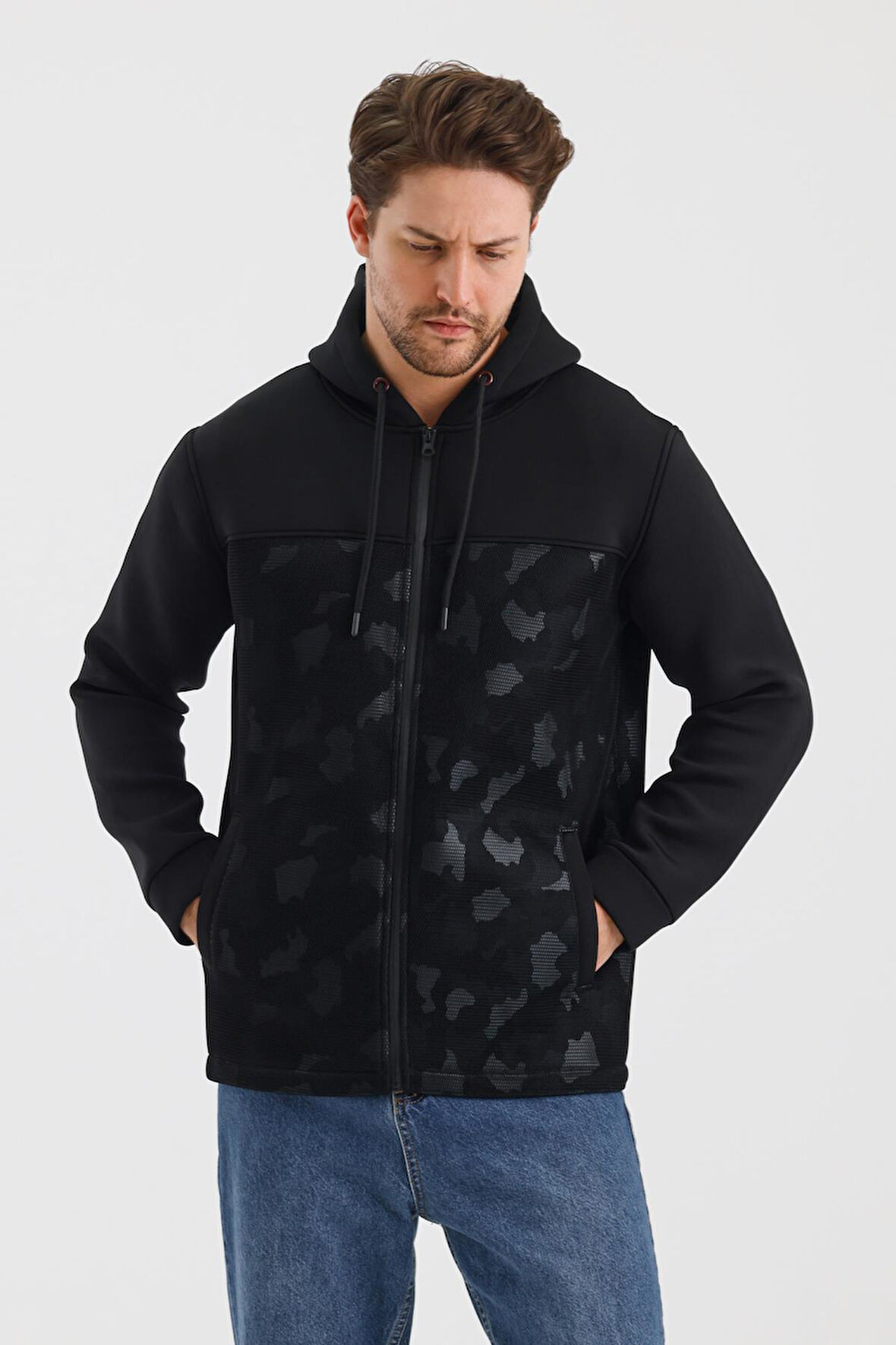 ALEXANDERGARDI DESENLİ KAPÜŞONLU FERMUARLI FİLELİ MONT (E23-9102)