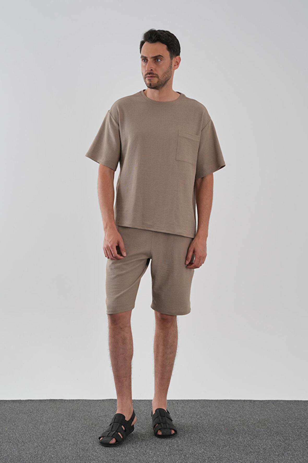 ALEXANDERGARDI Cep Detaylı Bağlamalı Keten Görünümlü Tişört-Şort Takım