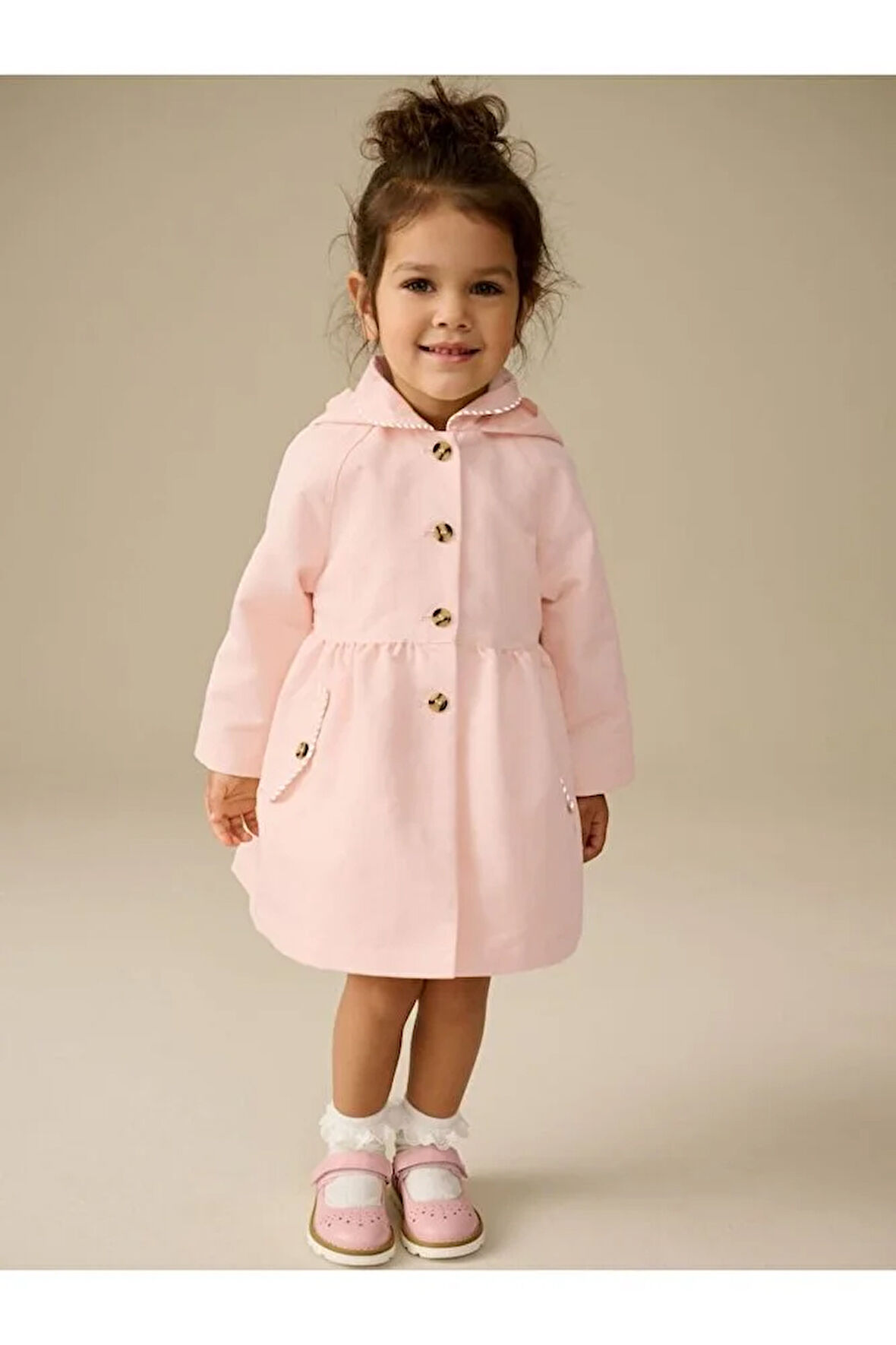 Pamuklu Toz Pembe Suya Dayanıklı Kapüşonlu Trençkot / Mont