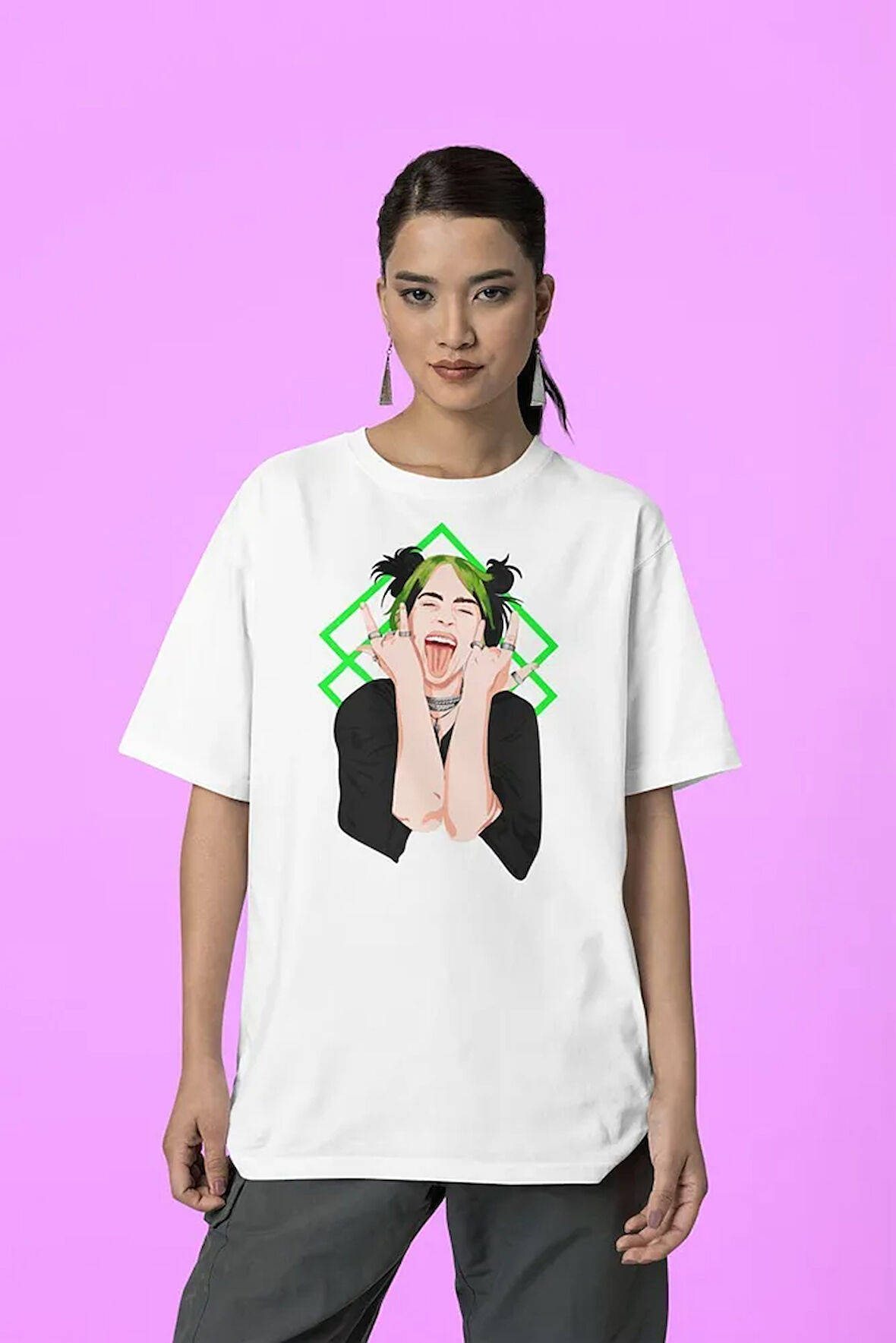 Billie Eilish Özel Tasarım Unisex Tişört, Oversize Şarkıcı Tişört