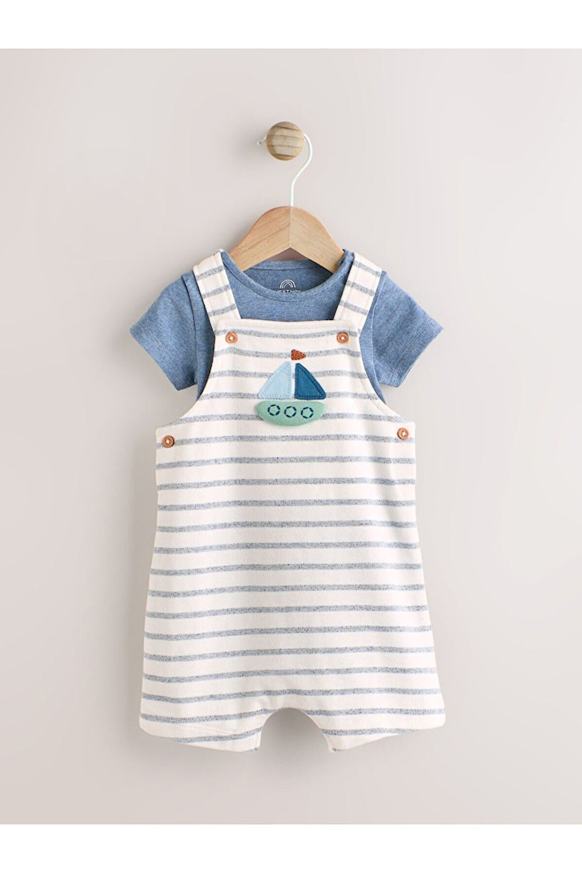 Next Baby %100 Pamuklu Mavi Beyaz Çizgili Gemi Desenli Kısa Kollu Salopet Body Zıbın Set