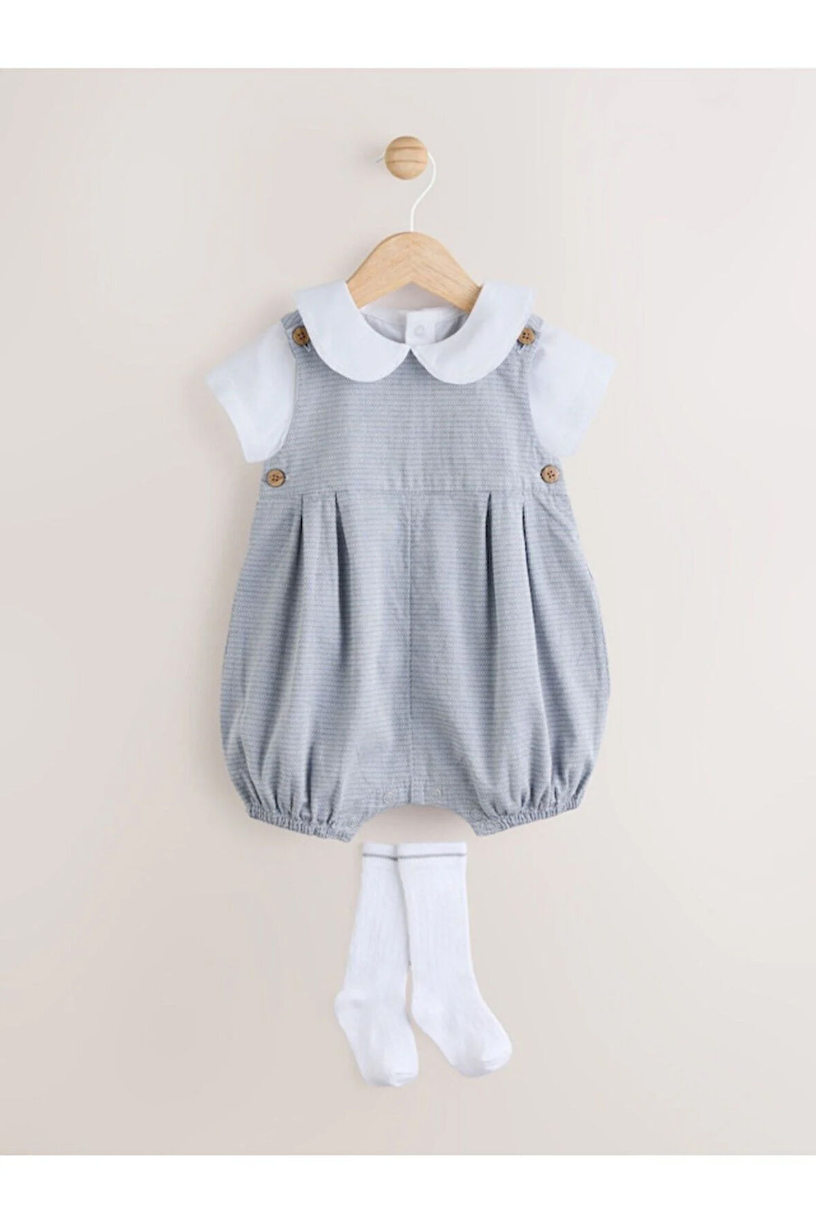Next Baby Pamuklu Bebe Yaka Smart Gömlek Gri Salopet Çorap 3'lü Takım