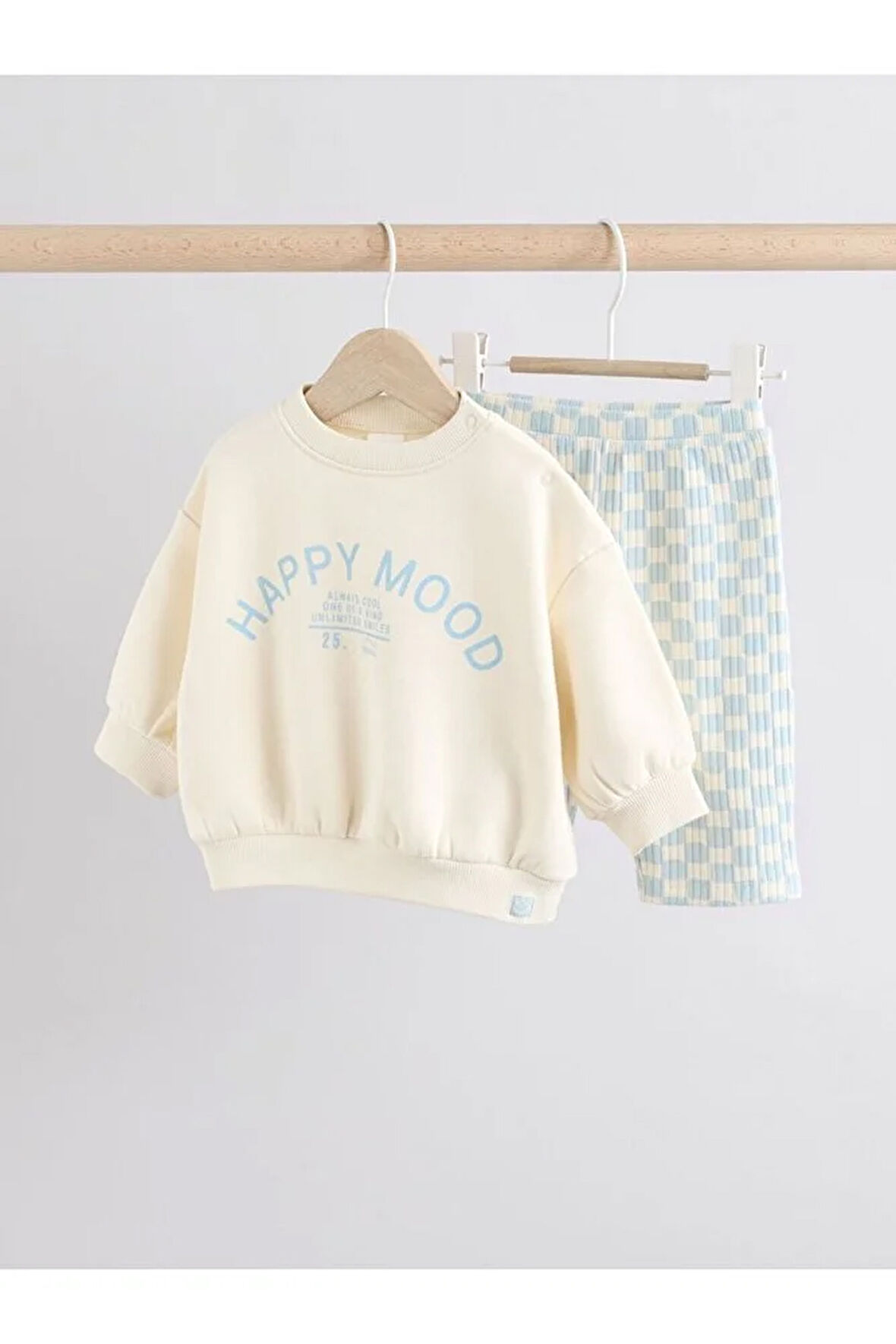 Pamuklu Beyaz Mavi Baskılı Uzun Kollu Alt Üst Takım