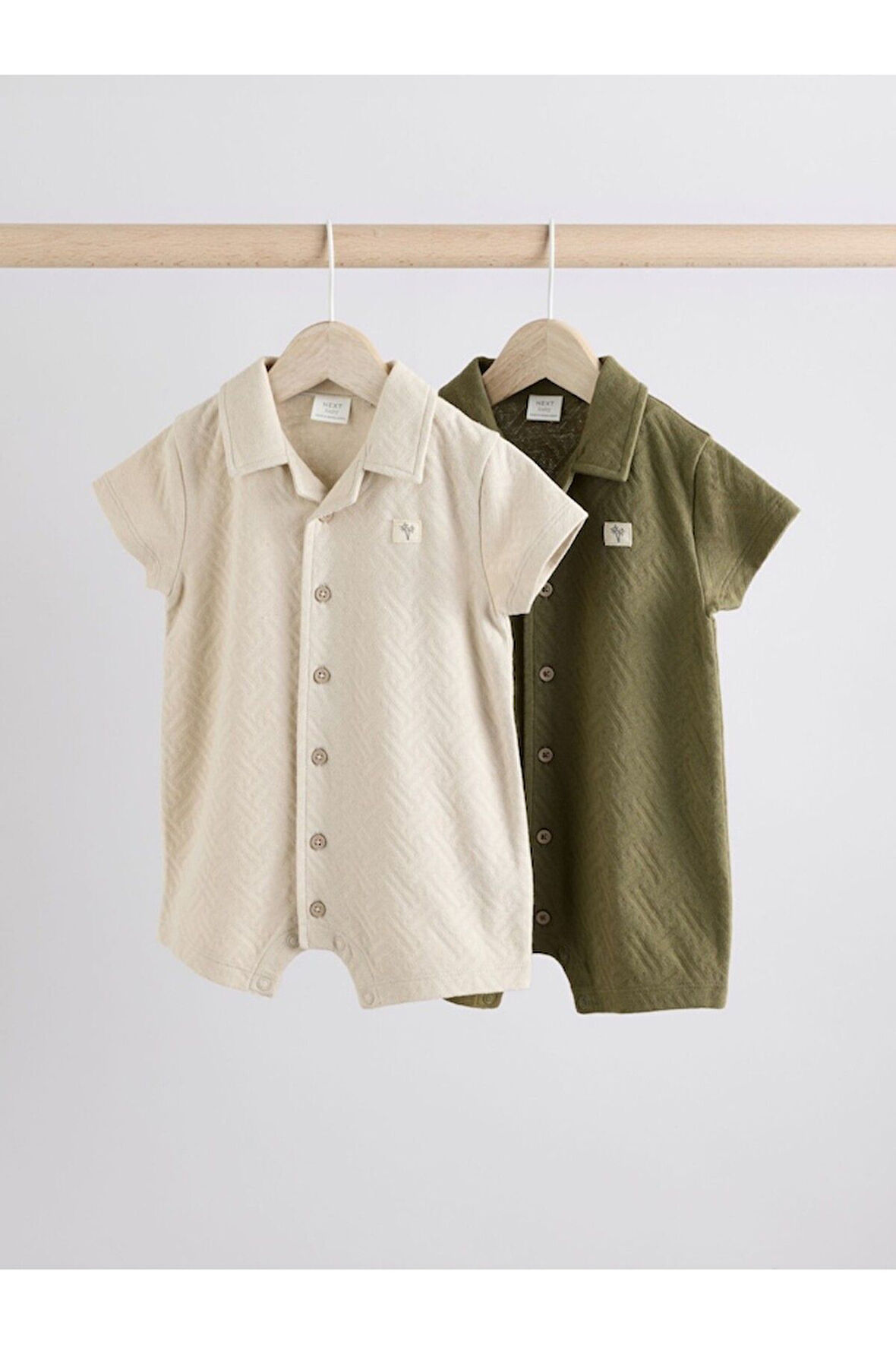 Next Baby %100 Pamuklu Krem Haki Dokulu Gömlek Yaka 2'li Romper Set