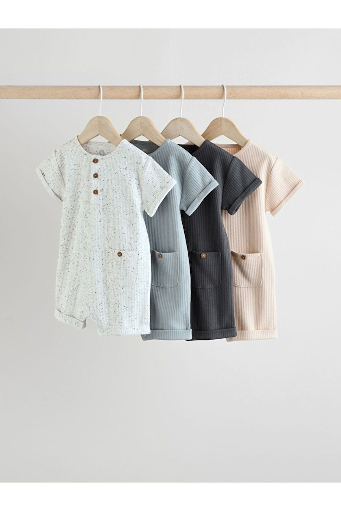 Next Baby %100 Pamuklu Beyaz Siyah Mavi Dokulu 4'lü Romper Set