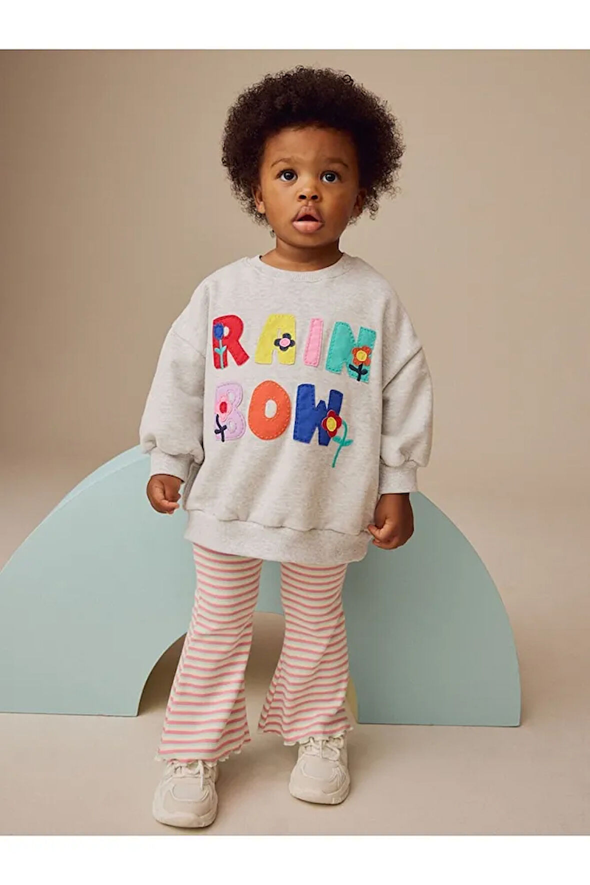 Pamuklu Gri Pembe Baskılı Uzun Kollu Sweatshirt Tayt Alt Üst Takım