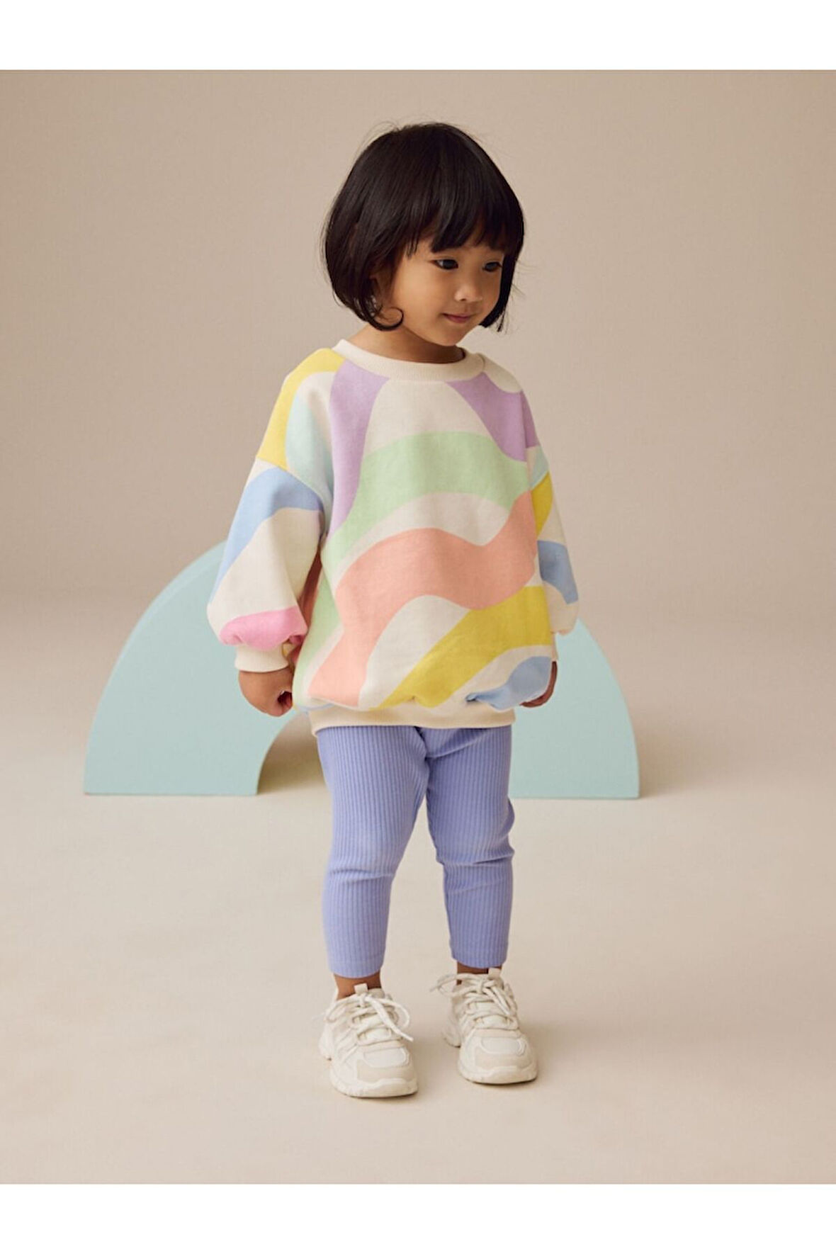 Next Baby Pamuklu  Pembe Gökkuşağı Desenli Uzun Kollu Sweatshirt Tayt Alt Üst Takım