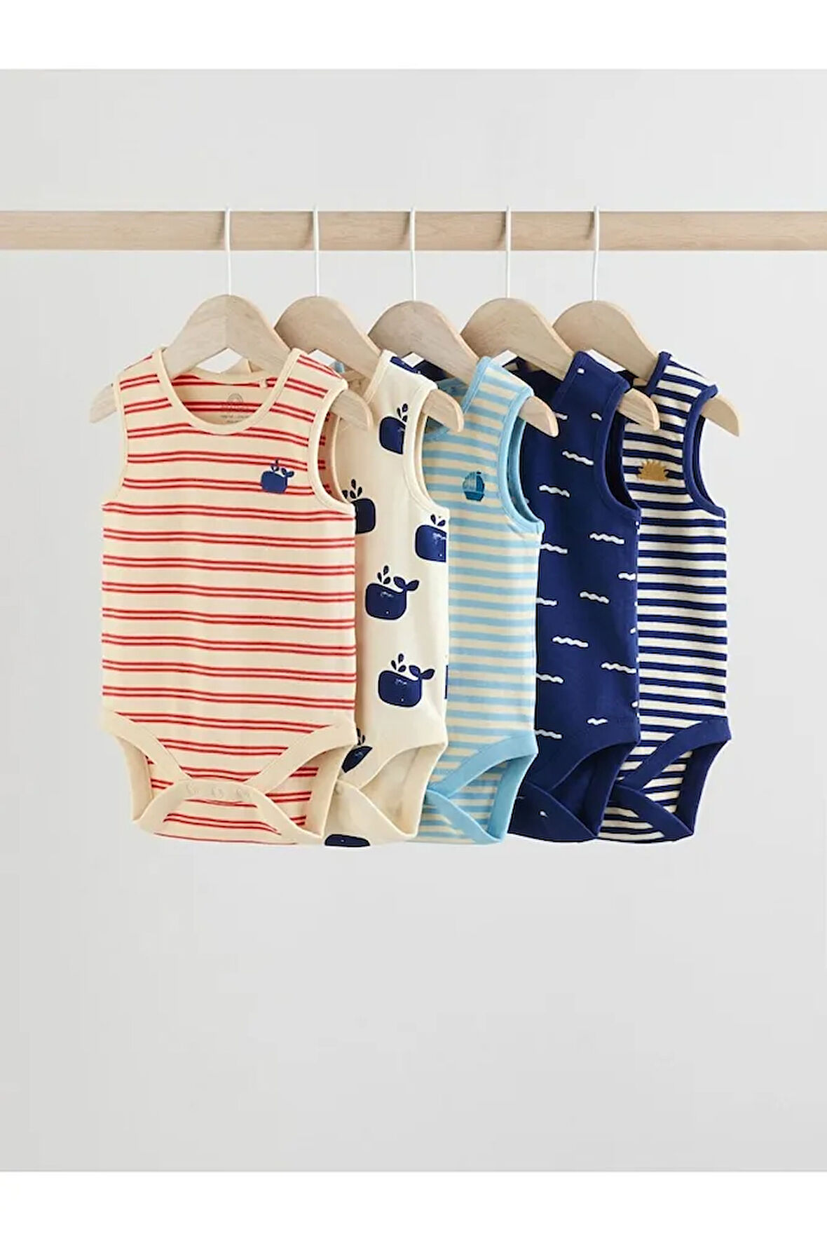 % 100 Pamuklu Kırmızı Mavi Balık Desenli 5'li Body Zıbın Set