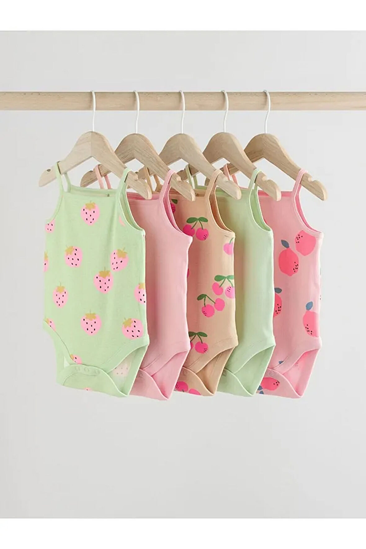 % 100 Pamuklu Yeşil Pembe Meyve Desenli İp Askılı 5'li Body Zıbın Set