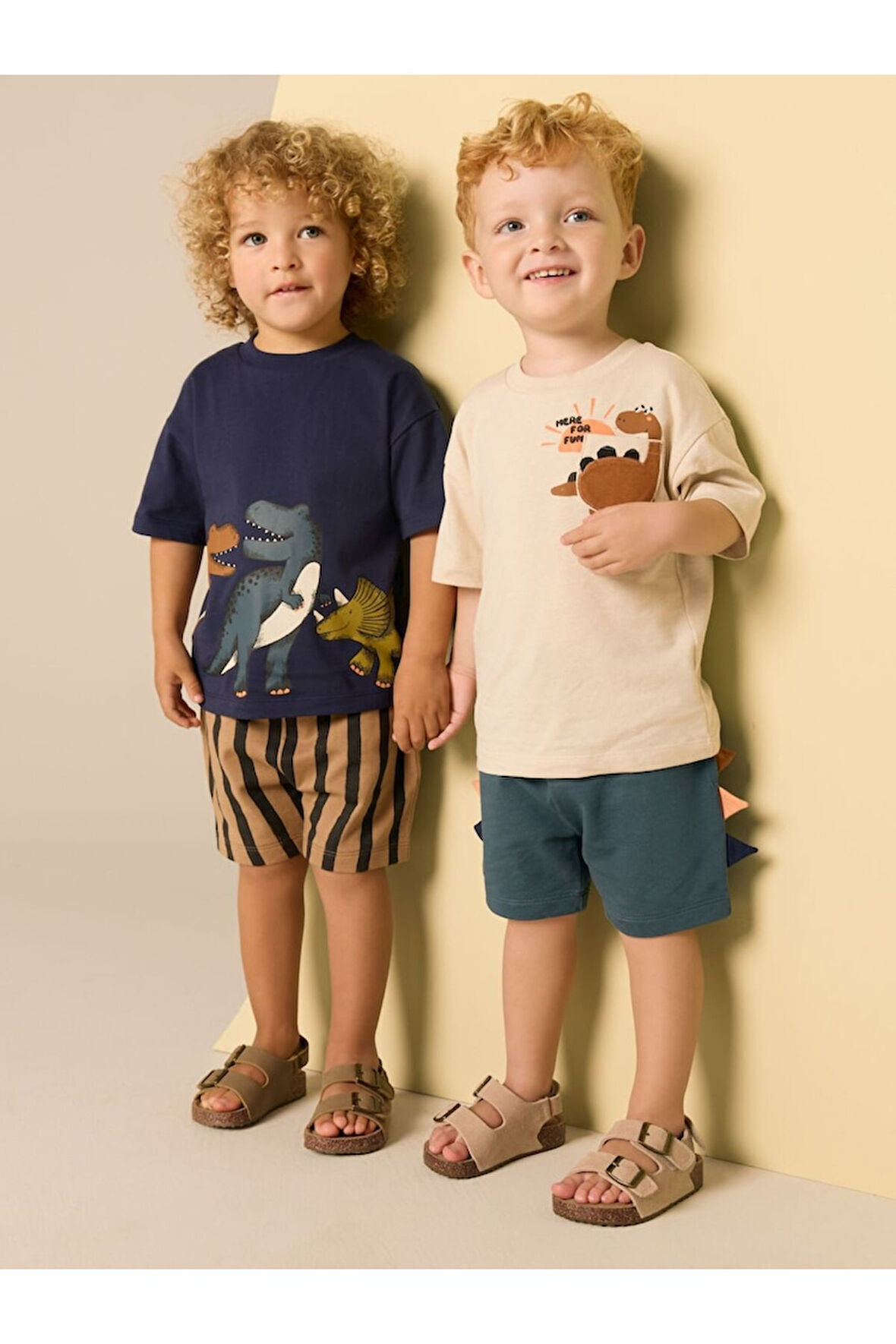 Next Baby Pamuklu Lacivert Krem Dinasour Desenli Kısa Kollu Şortlu 2'li  Alt Üst Takım
