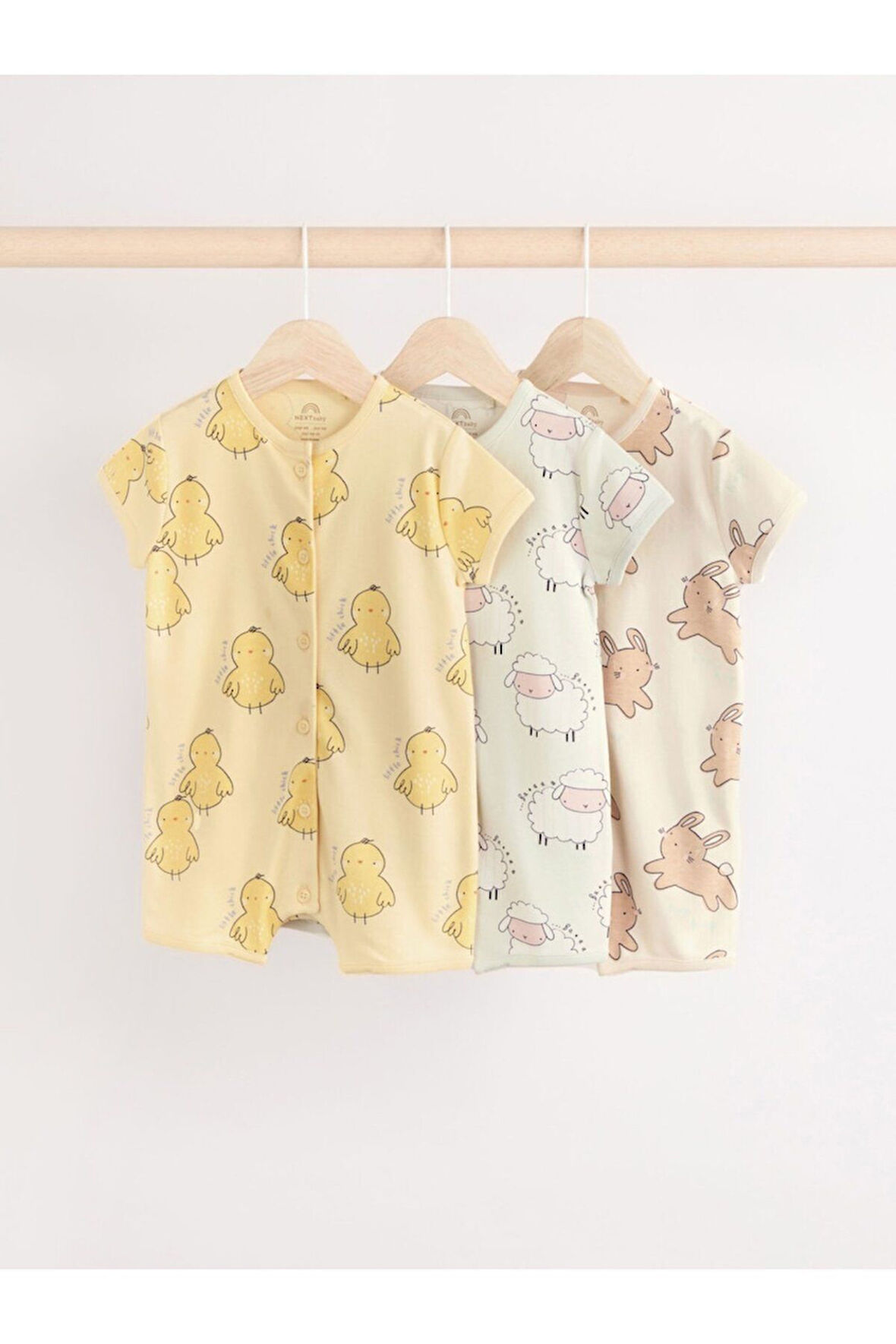 Next Baby % 100 Pamuklu Krem Sarı Hayvan Desenli 3'lü Romper Set