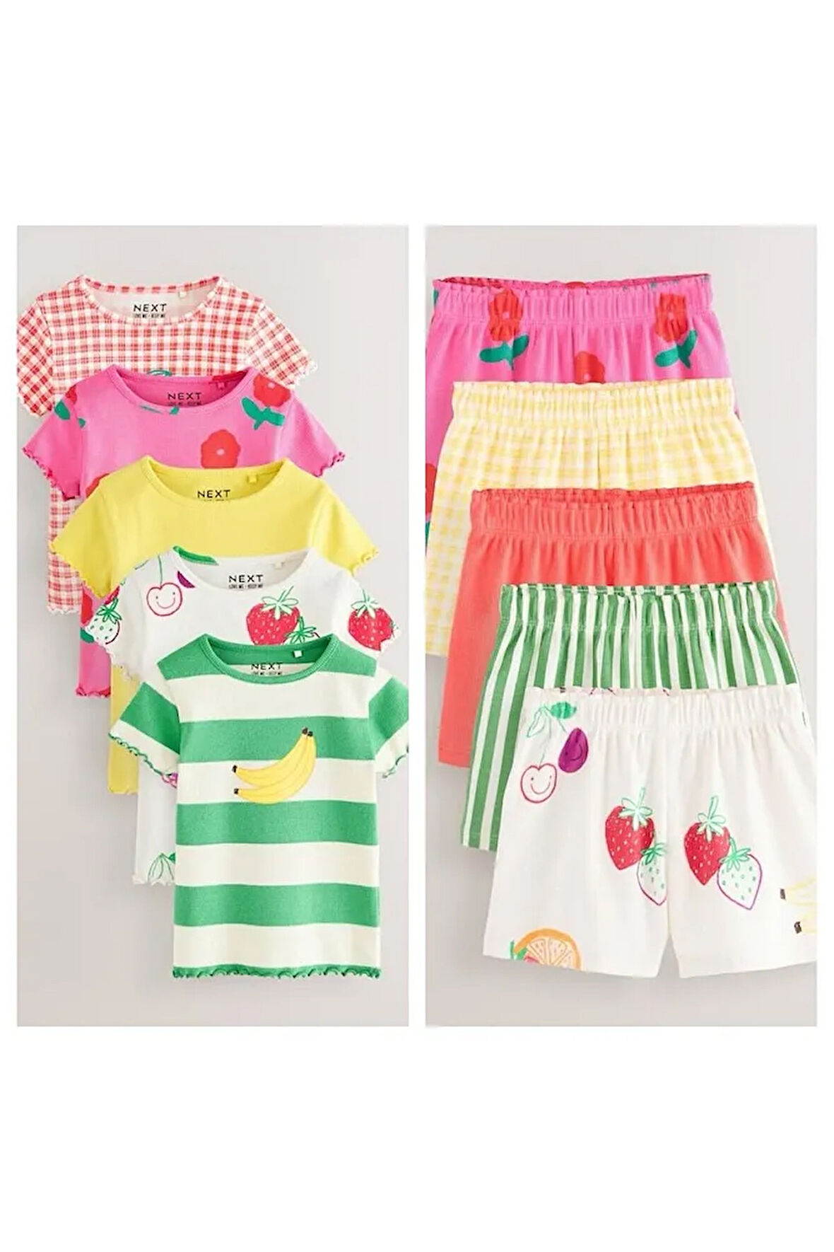 Pamuklu Pembe Yeşil Meyve Desenli Kısa Kollu Ribanalı 5'li Alt Üst Takım