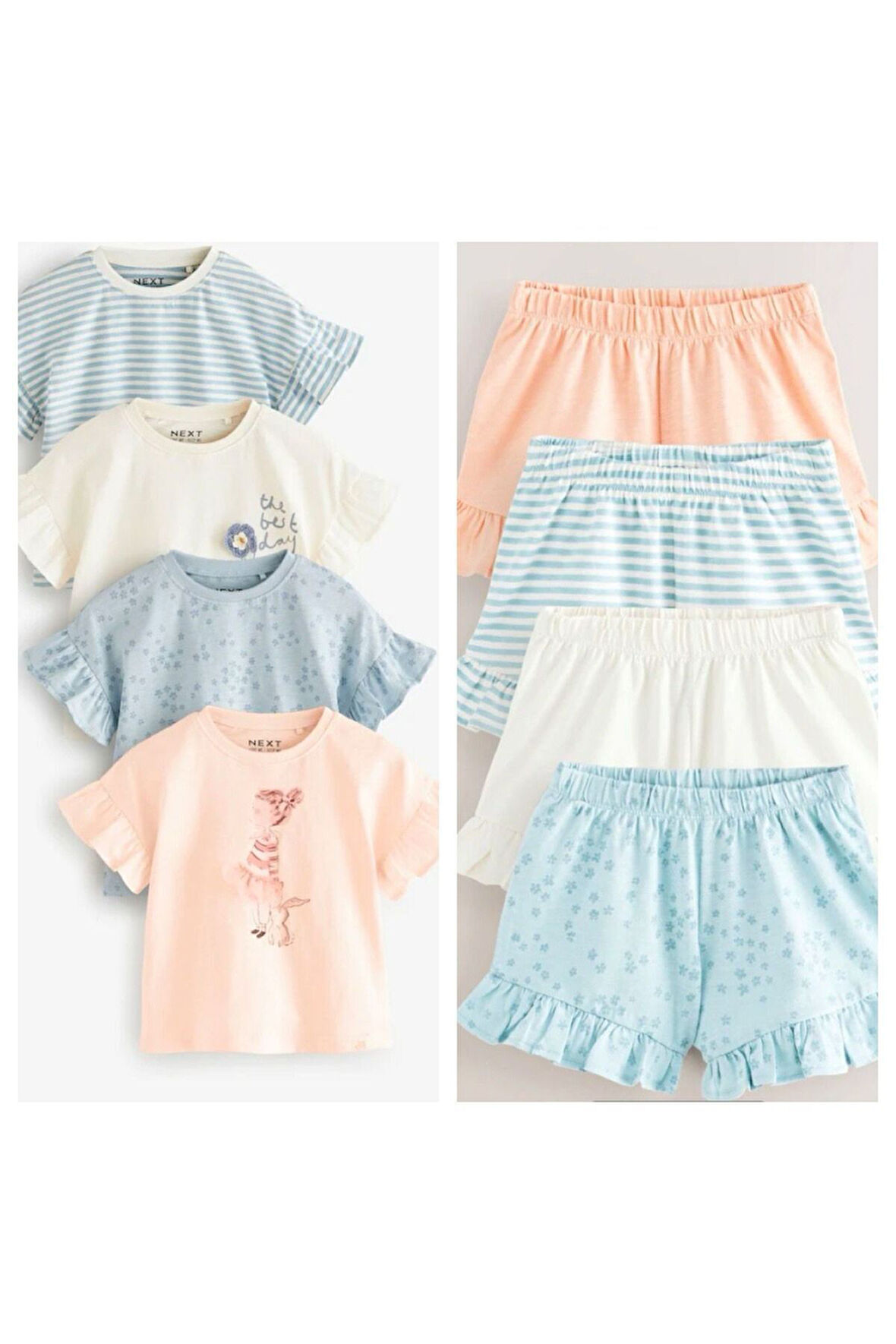 Next Baby Pamuklu Krem Mavi Kısa Kollu Şortlu 4'lü Alt Üst Takım
