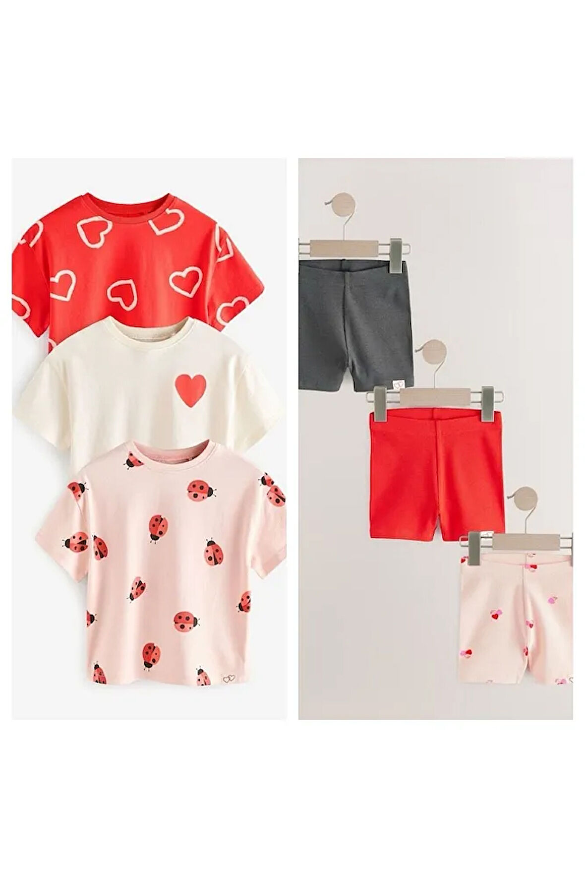 Pamuklu Kırmızı Kalp Desenli Kısa Kollu Taytlı 3'lü Alt Üst Takım