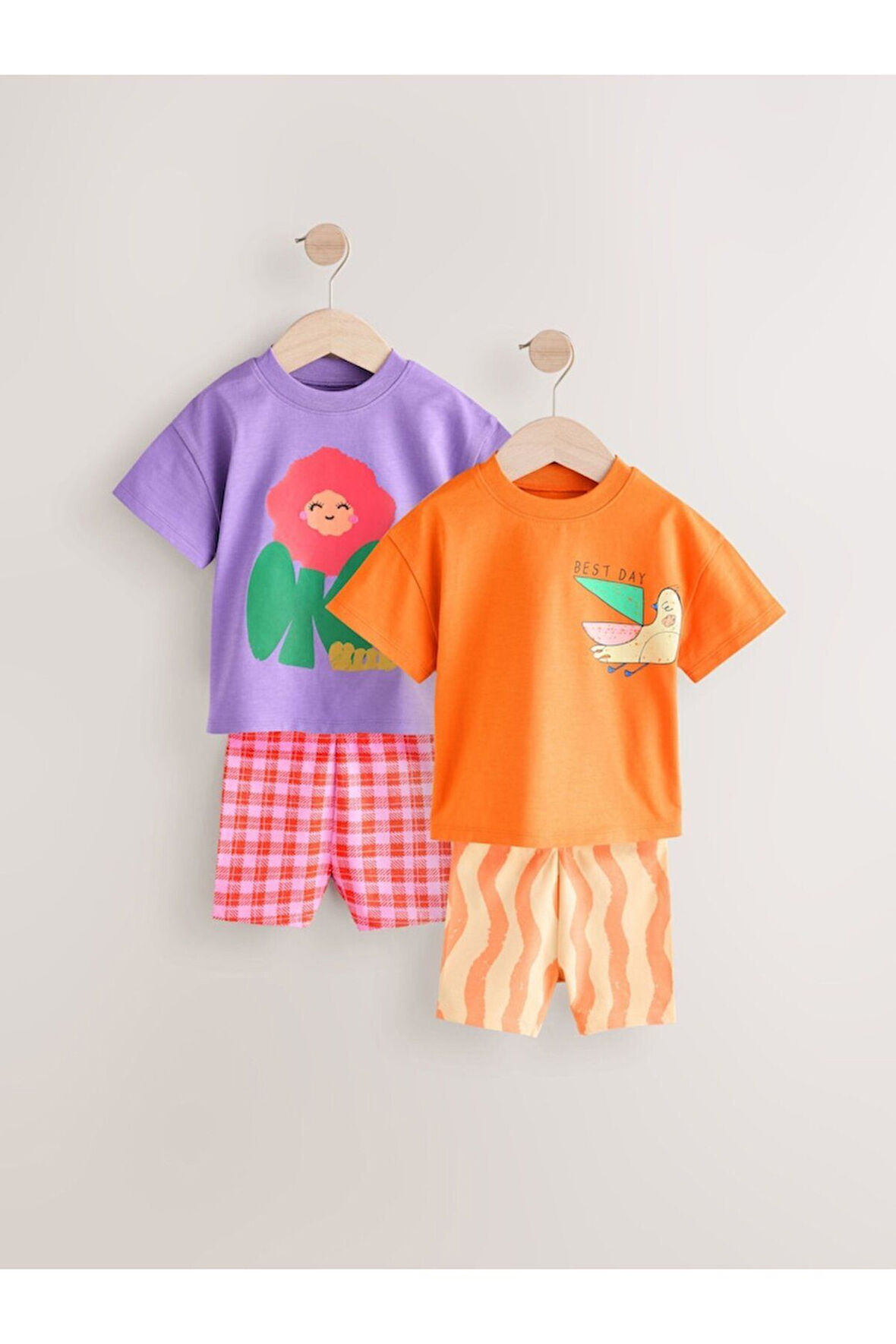 Next Baby Pamuklu Turuncu Lila Baskılı Kısa Kollu Taytlı 2'li Alt Üst Takım
