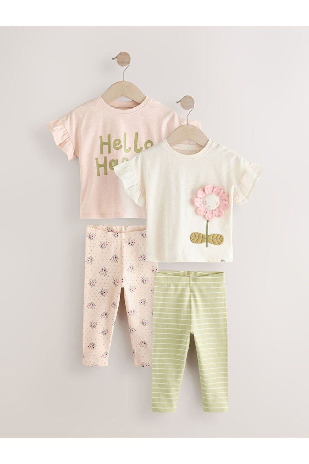 Next Baby Pamuklu Krem  Kısa Kollu Çiçek Desenli 3'li Alt Üst Takım