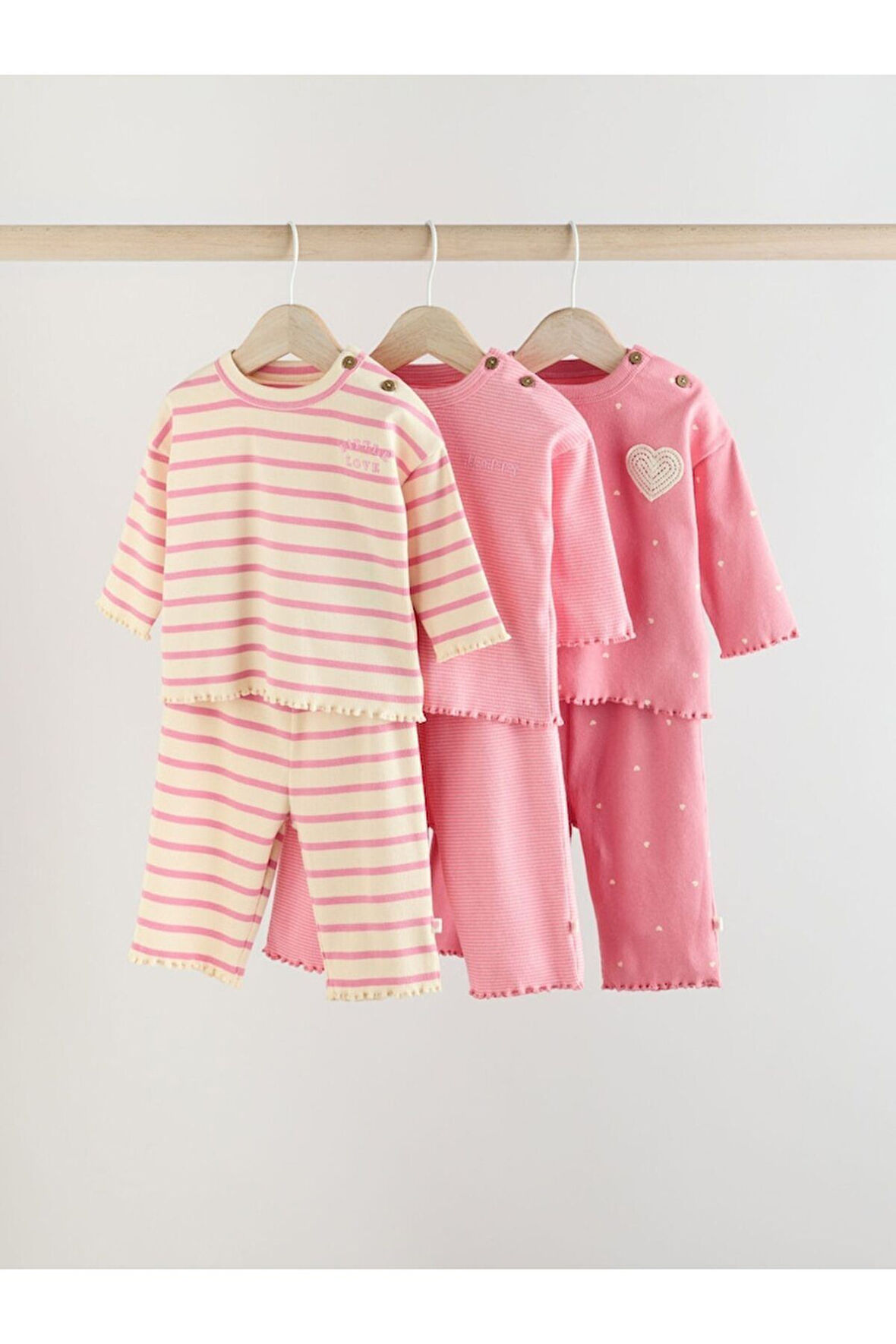 Next Baby Pamuklu Pembe Kalp Desenli Çizgili Uzun Kollu 3'lü Alt Üst Takım