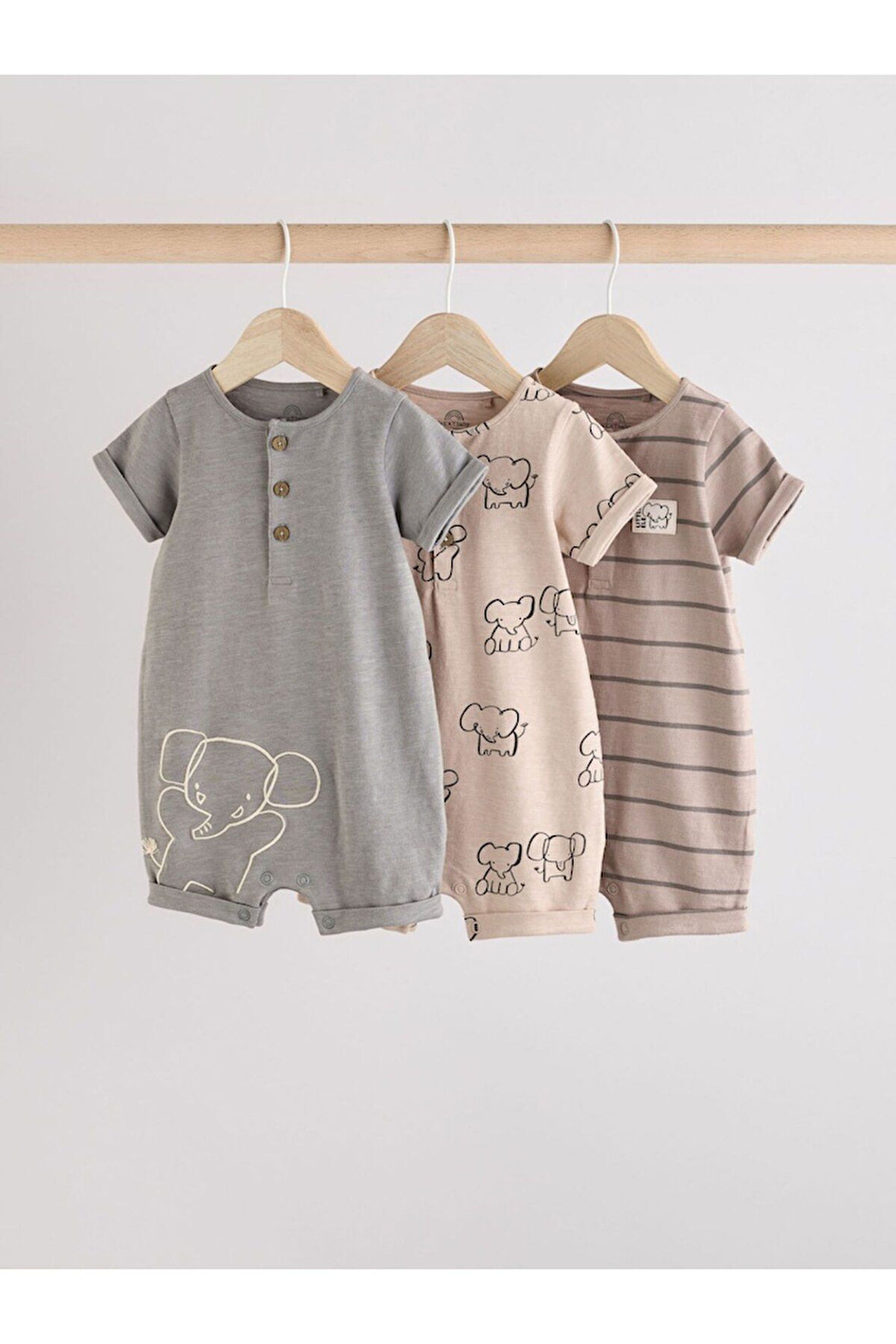 Next Baby %100 Pamuklu Neutral Elephant Desenli 3'lü Romper Set