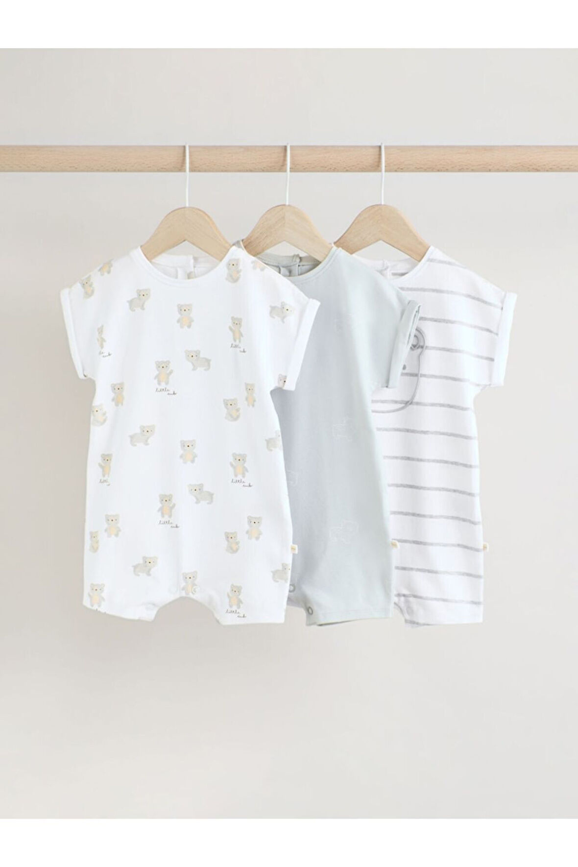 Next Baby %100 Pamuklu Beyaz Gri Ayı Desenli 3'lü Romper Set